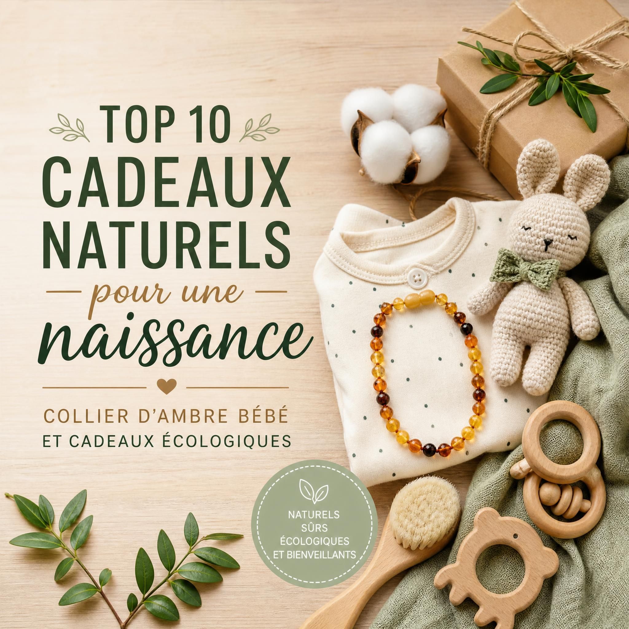 Top 10 cadeaux naturels pour une naissance — collier d'ambre bébé et cadeaux écologiques sur fond bois naturel