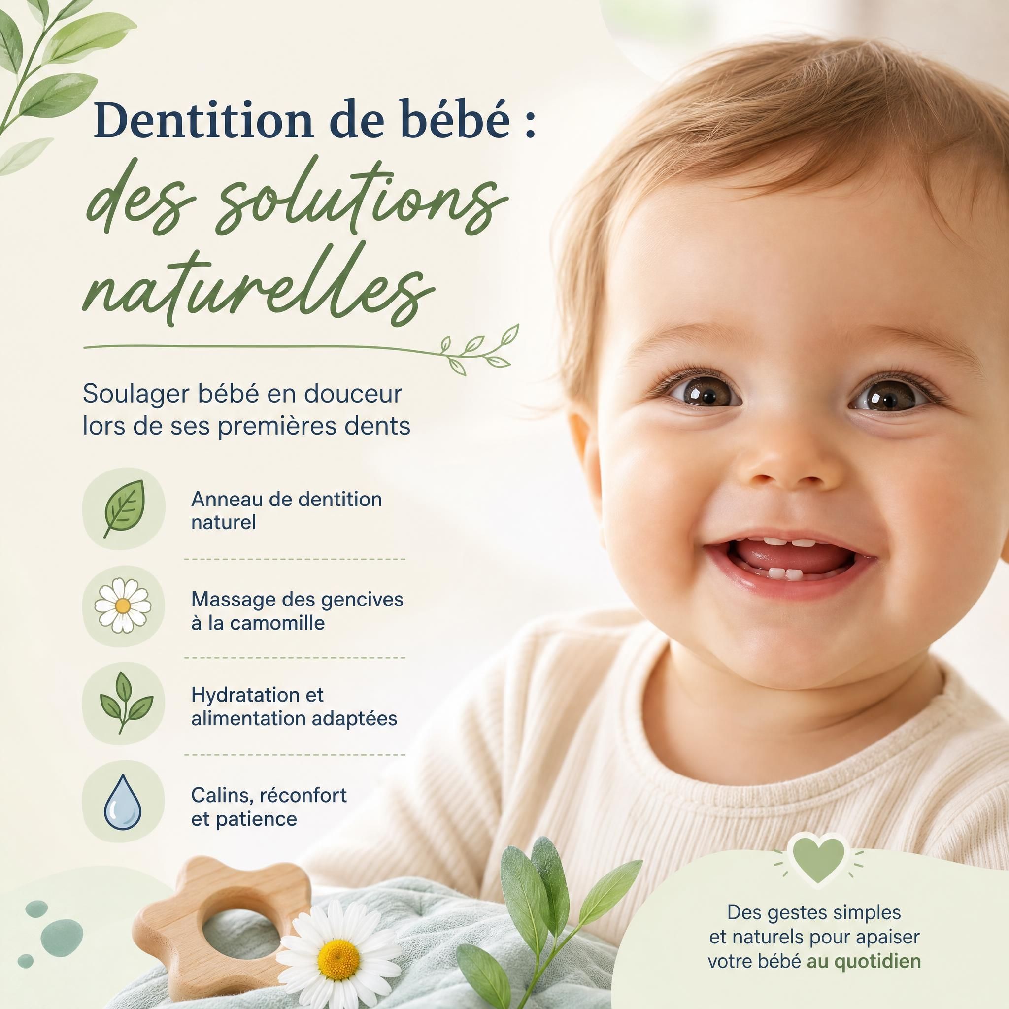 bébé souriant avec ses premières dents de lait qui poussent, solutions naturelles dentition bébé
