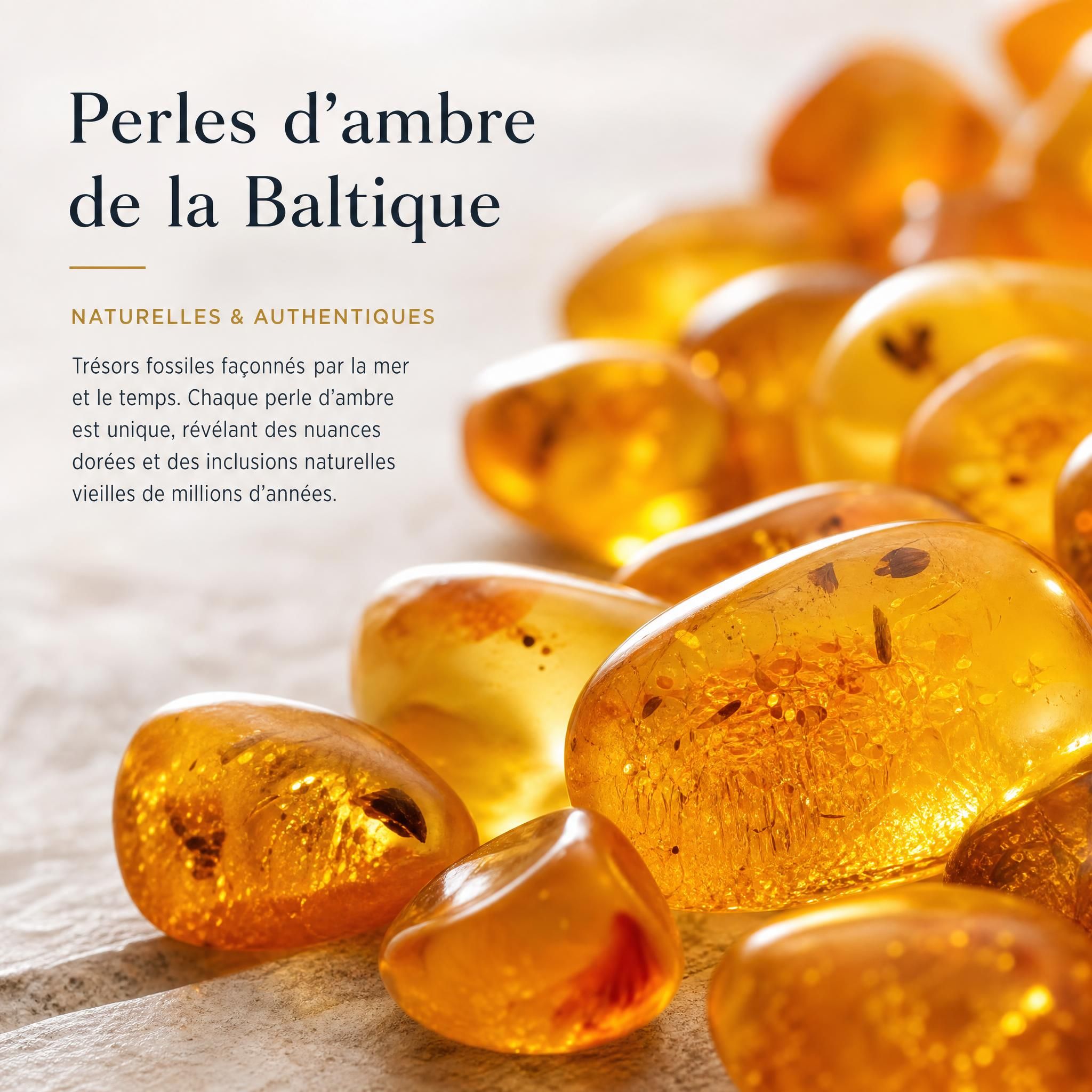 perles d'ambre naturel de la mer Baltique dorées et translucides, gros plan sur leur texture et couleur