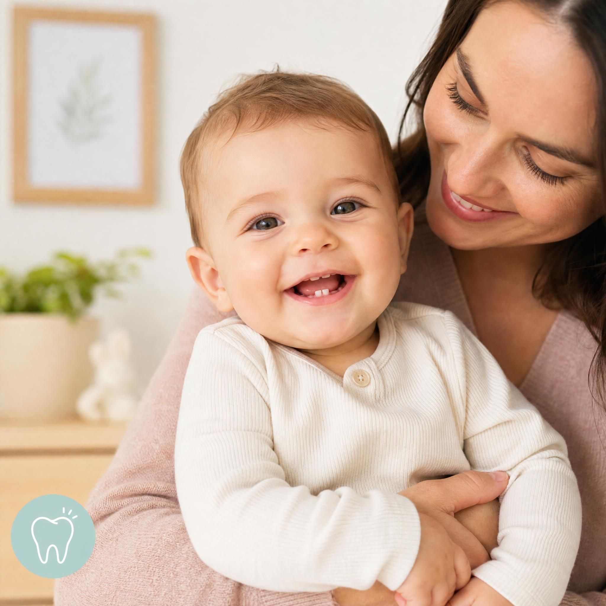 bébé souriant avec ses premières dents qui poussent, maman le tenant dans ses bras de manière rassurante
