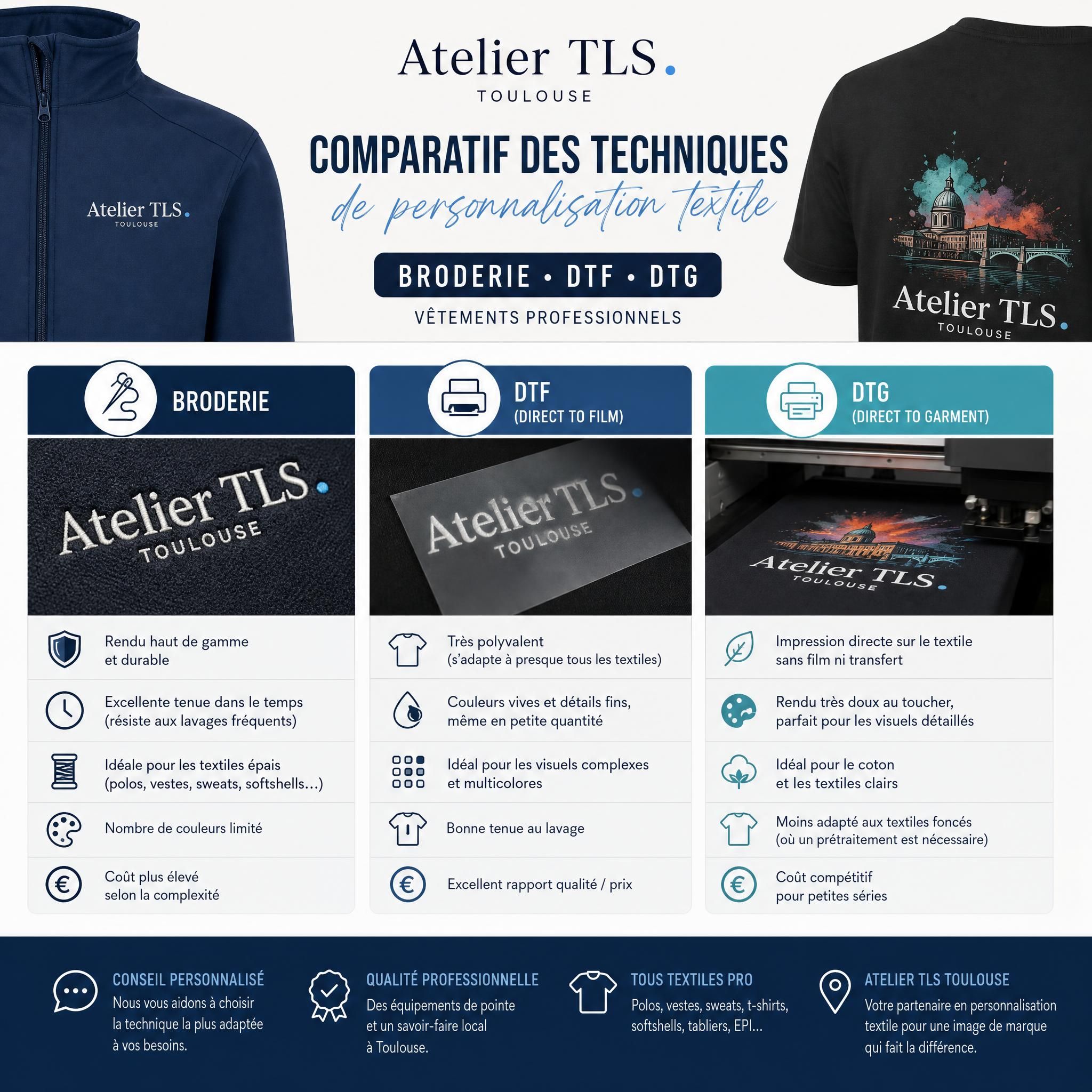 Comparatif techniques personnalisation textile broderie DTF DTG vêtements professionnels Atelier TLS Toulouse