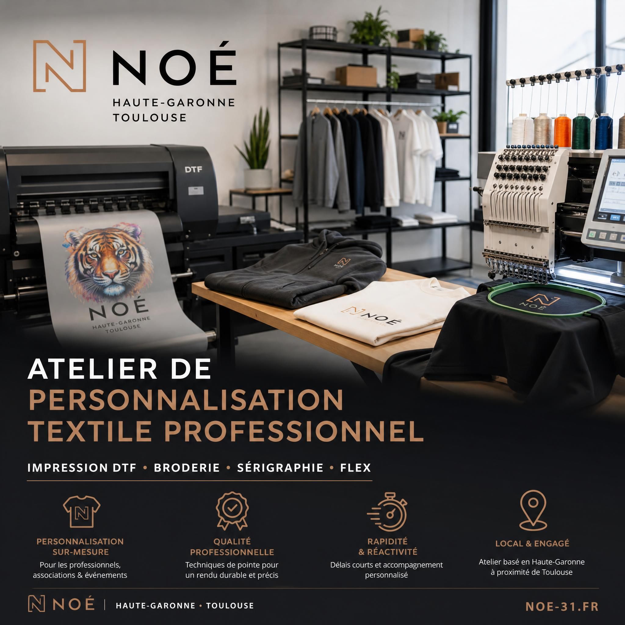Atelier de personnalisation textile professionnel avec machine DTF et broderie, Noé Haute-Garonne Toulouse