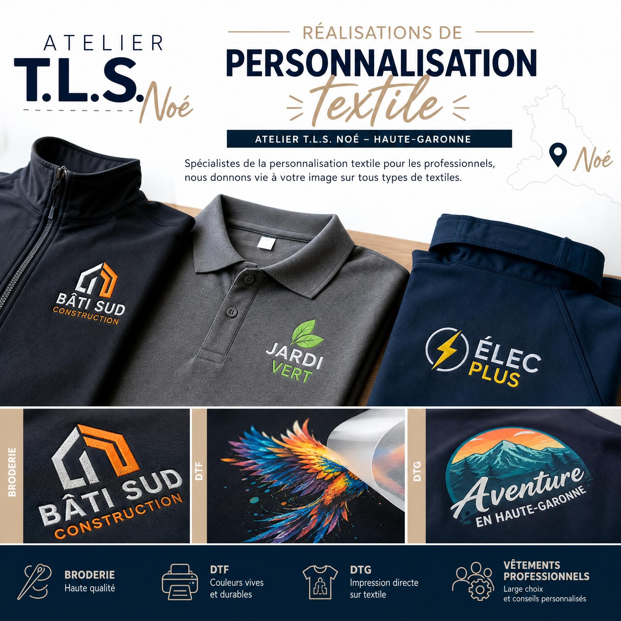 Réalisations de personnalisation textile Atelier T.L.S. Noé Haute-Garonne — broderie DTF DTG vêtements professionnels