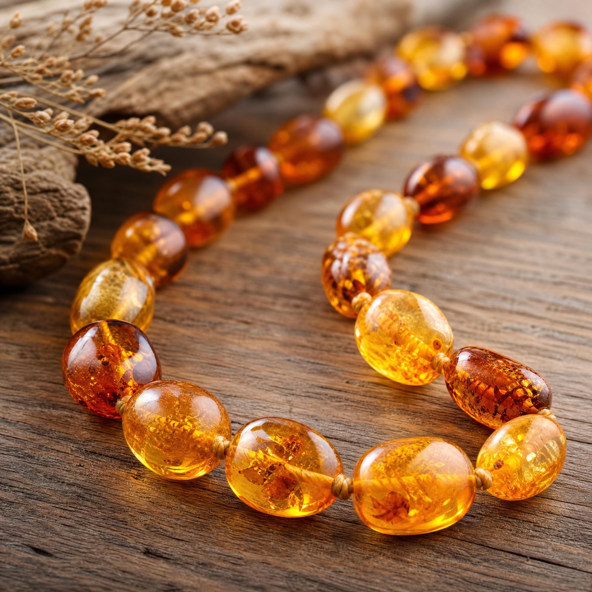 Gros plan sur un collier d'ambre naturel de la mer Baltique posé sur une surface en bois, avec des perles dorées chaleureuses évoquant la nature et l'authenticité