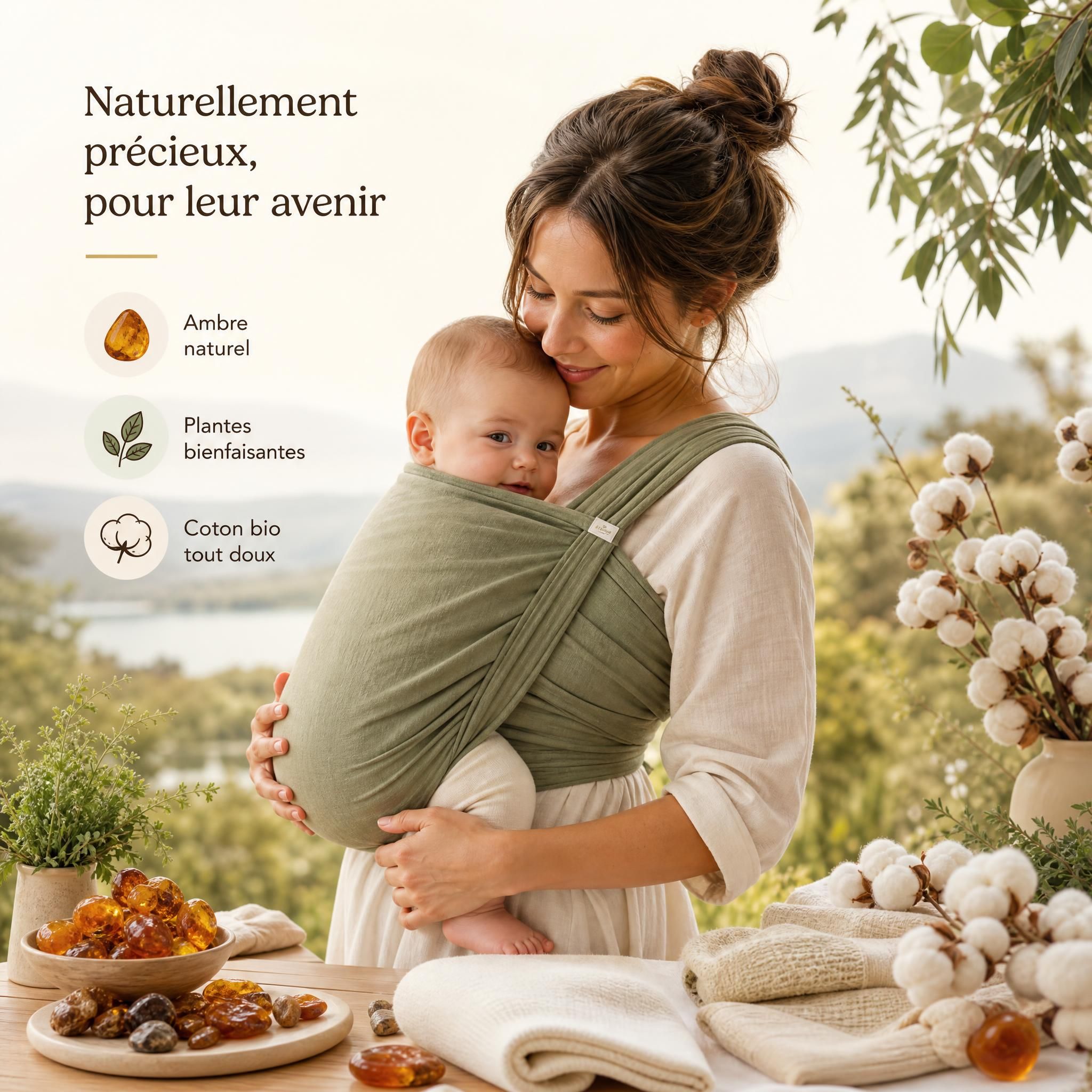 Maman tenant son bébé en portage dans un environnement naturel et lumineux, entourée d'éléments naturels — ambre, plantes, coton bio