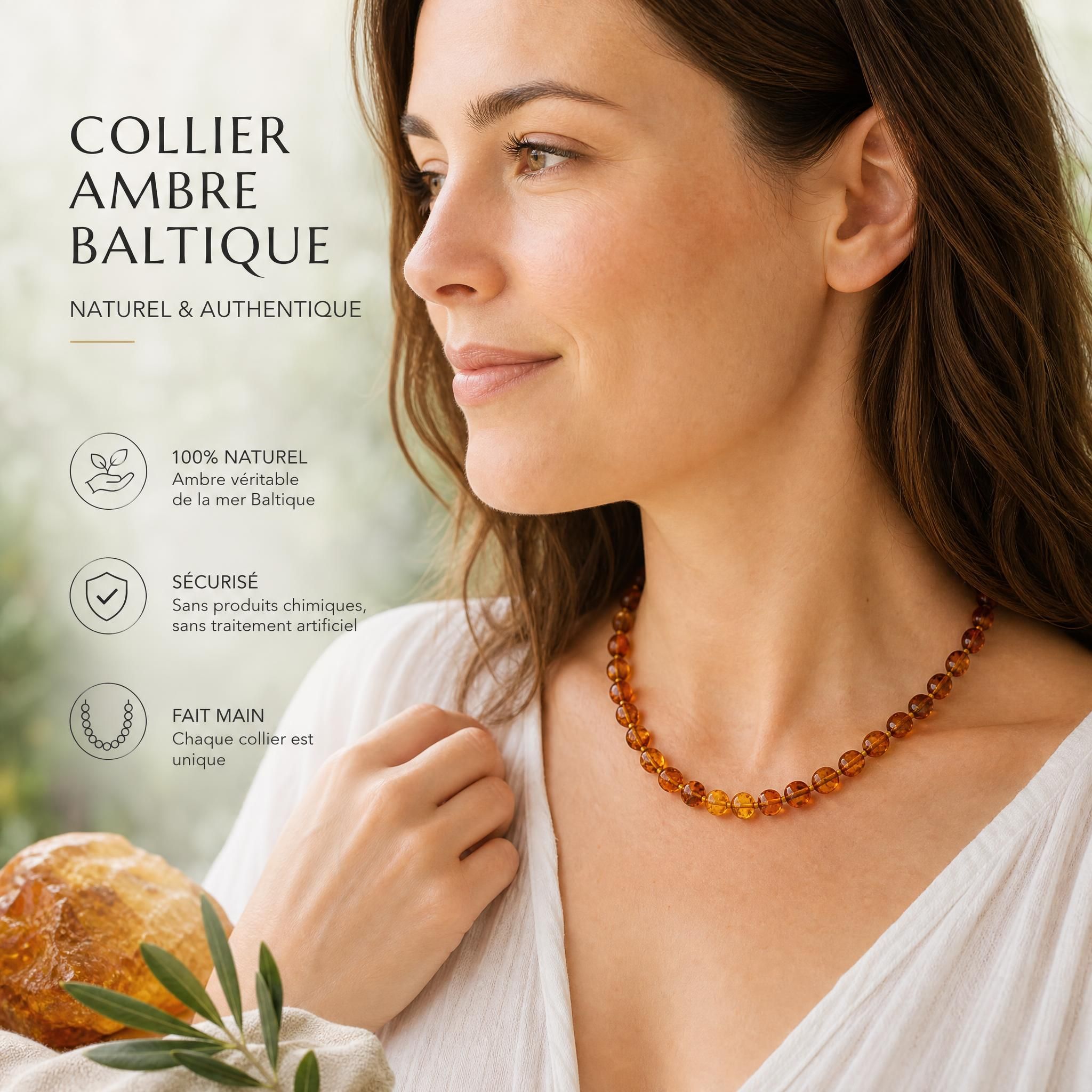 Collier ambre baltique naturel porté par une femme, bijoux naturels authentiques