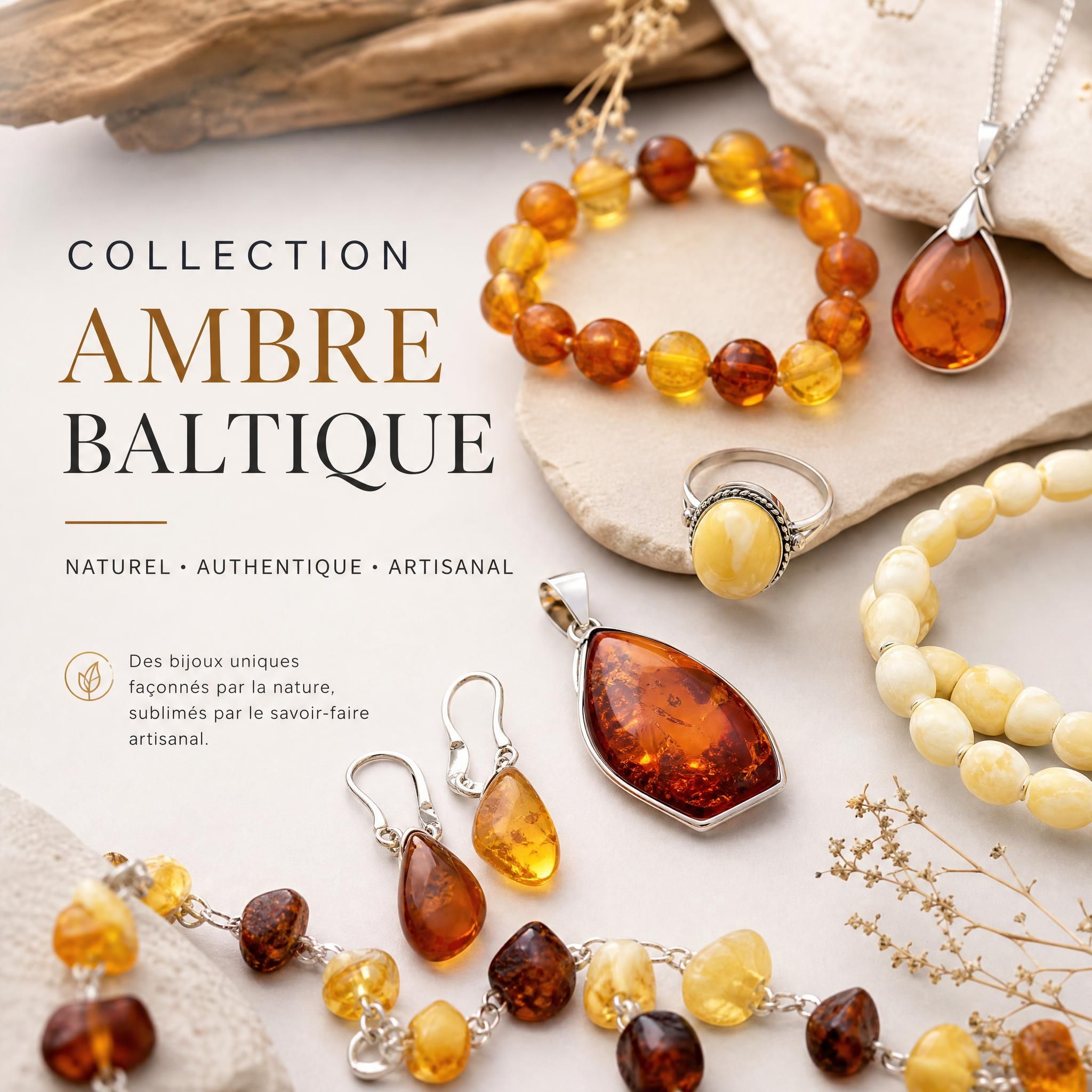 Collection de bijoux en ambre baltique naturel, différentes couleurs miel cognac et blanc, artisanat authentique