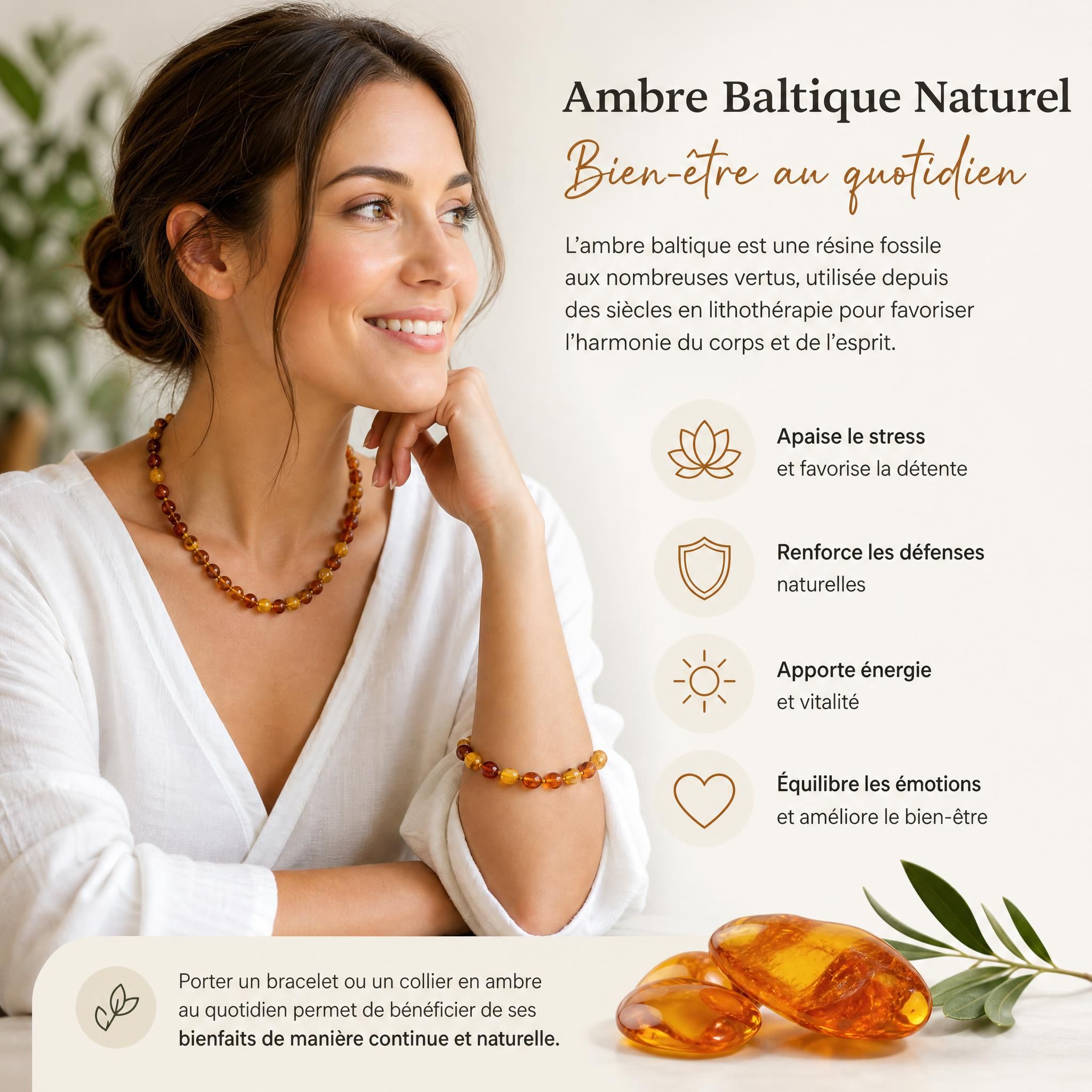 Bracelet et collier en ambre baltique naturel portés au quotidien — utilisation ambre lithothérapie bien-être