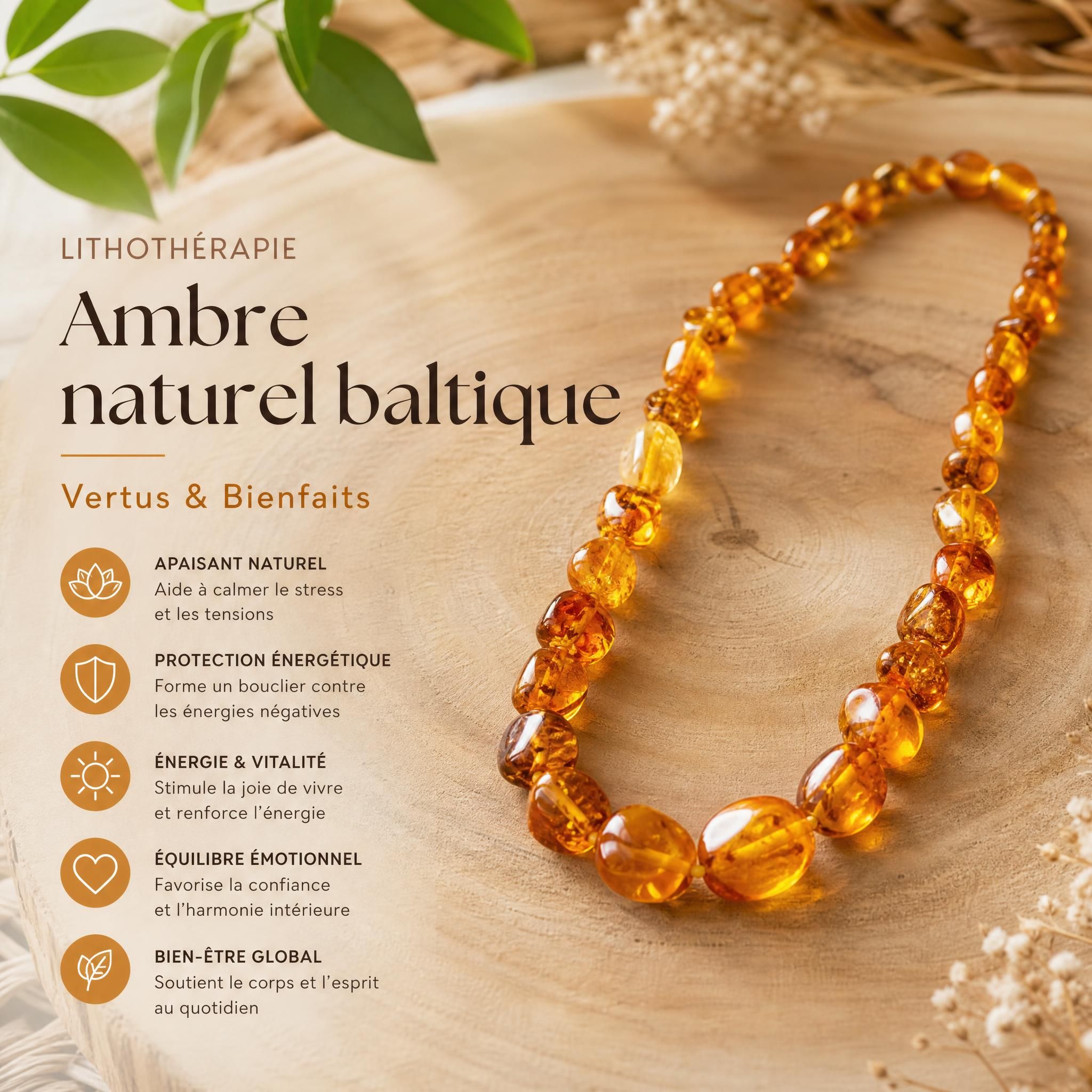 Collier en ambre naturel baltique doré posé sur fond naturel bois — ambre lithothérapie vertus