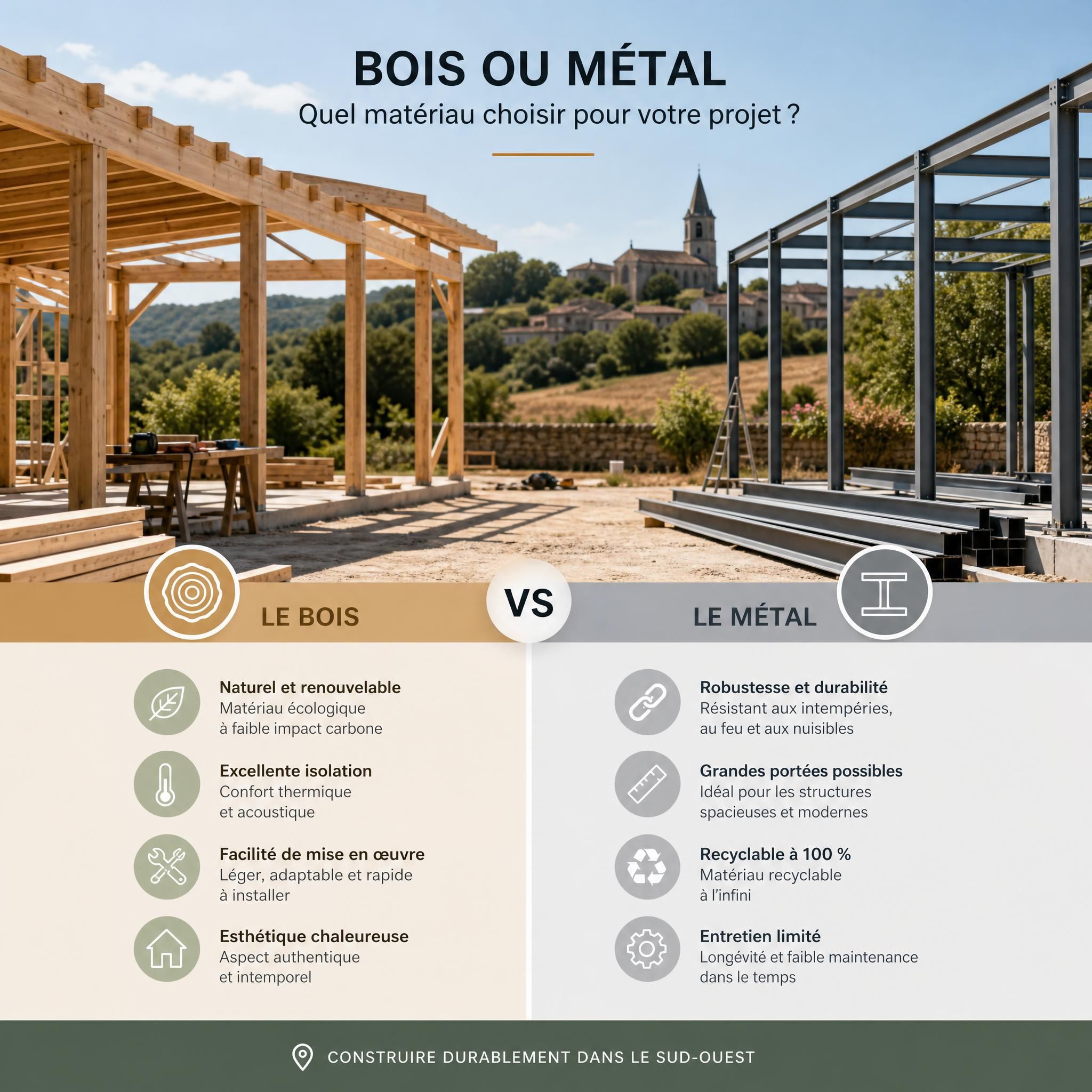 Comparaison matériaux de construction bois et métal sur un chantier artisanal dans le sud-ouest de la France