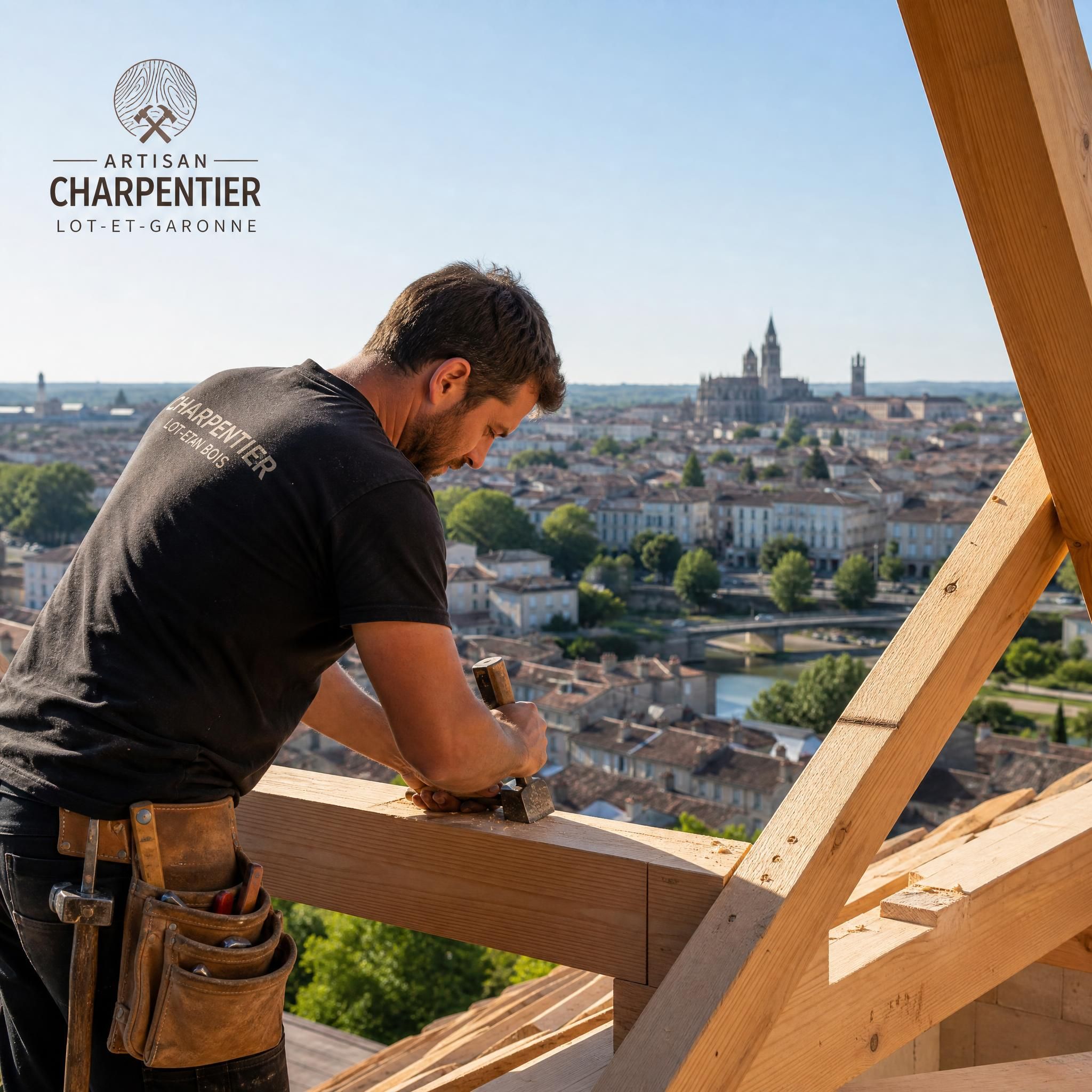 Charpentier artisan bois travaillant sur un chantier en Lot-et-Garonne, vue sur les toits d'Agen