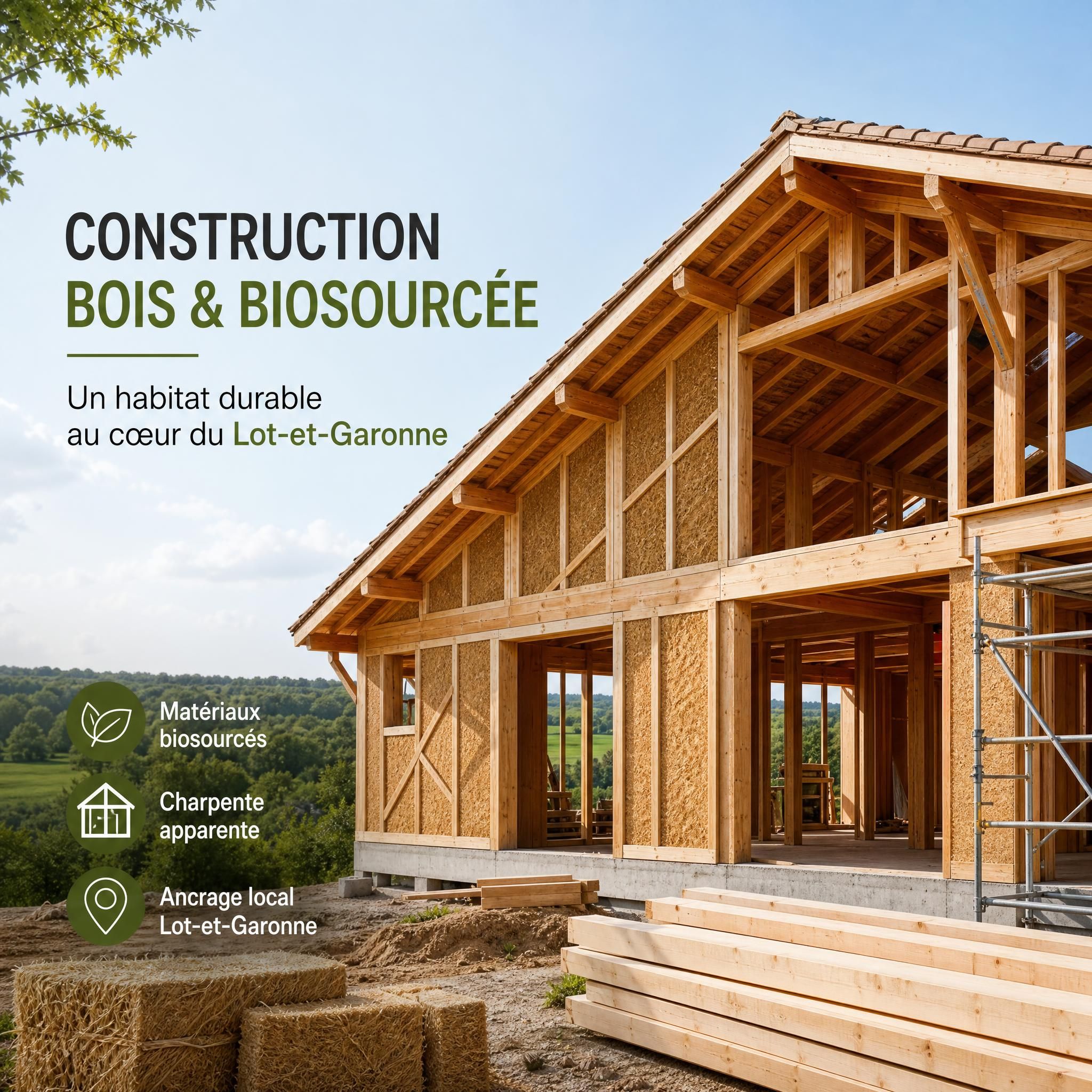 Chantier de construction bois ossature en cours dans le Lot-et-Garonne, matériaux biosourcés et charpente apparente