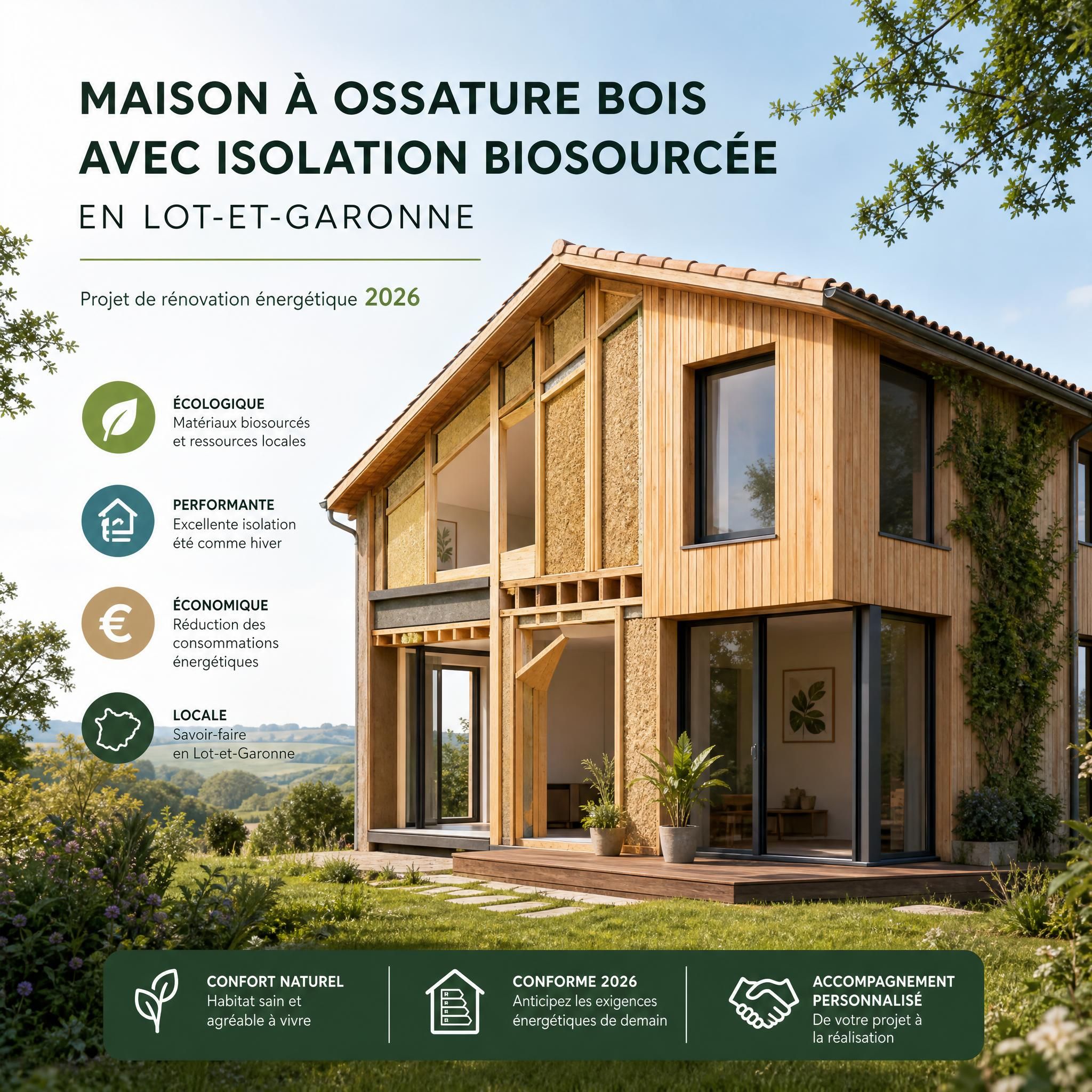 Maison à ossature bois avec isolation biosourcée en Lot-et-Garonne, projet de rénovation énergétique 2026