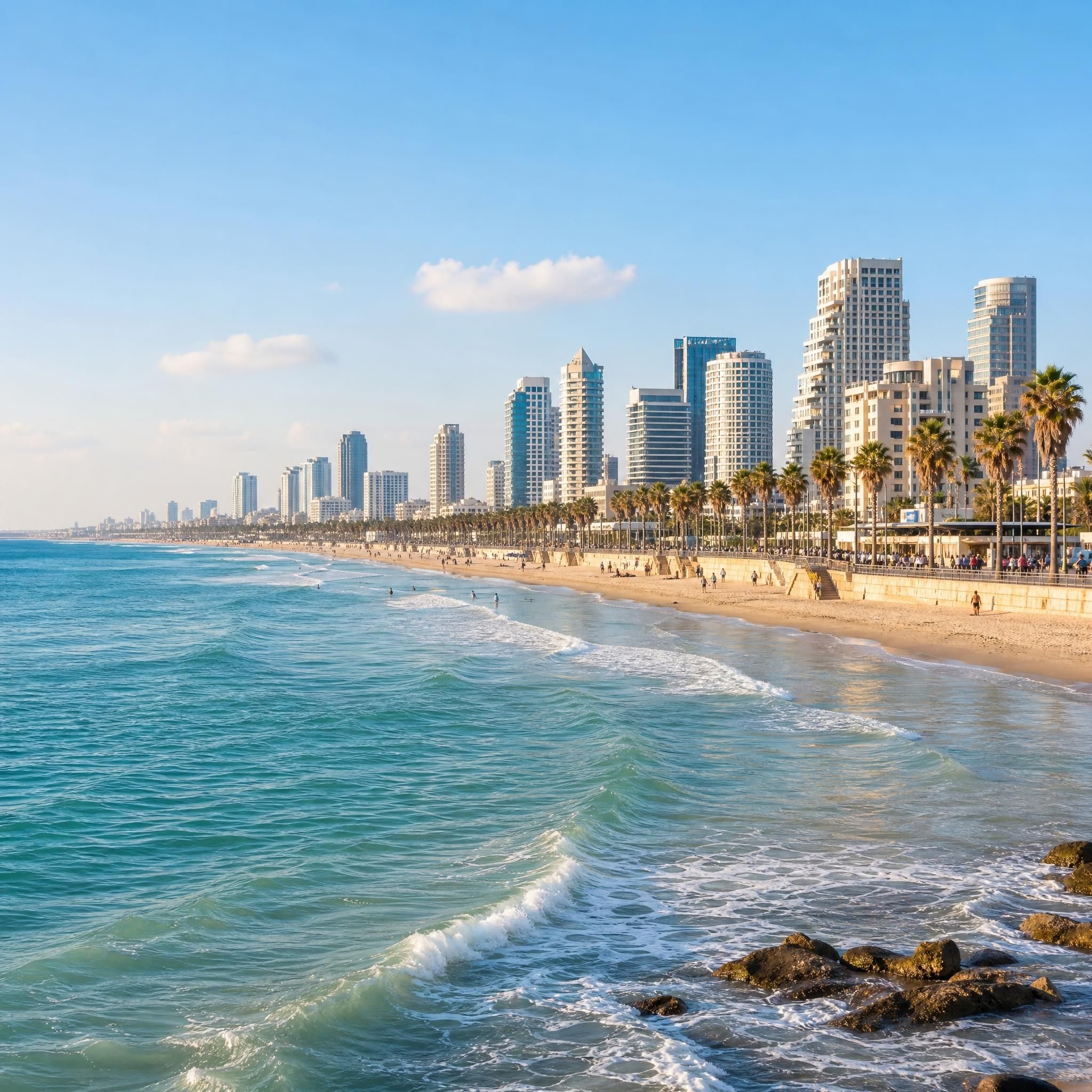 Vue panoramique de Tel Aviv avec ses immeubles modernes et la mer Méditerranée en arrière-plan, marché immobilier israélien
