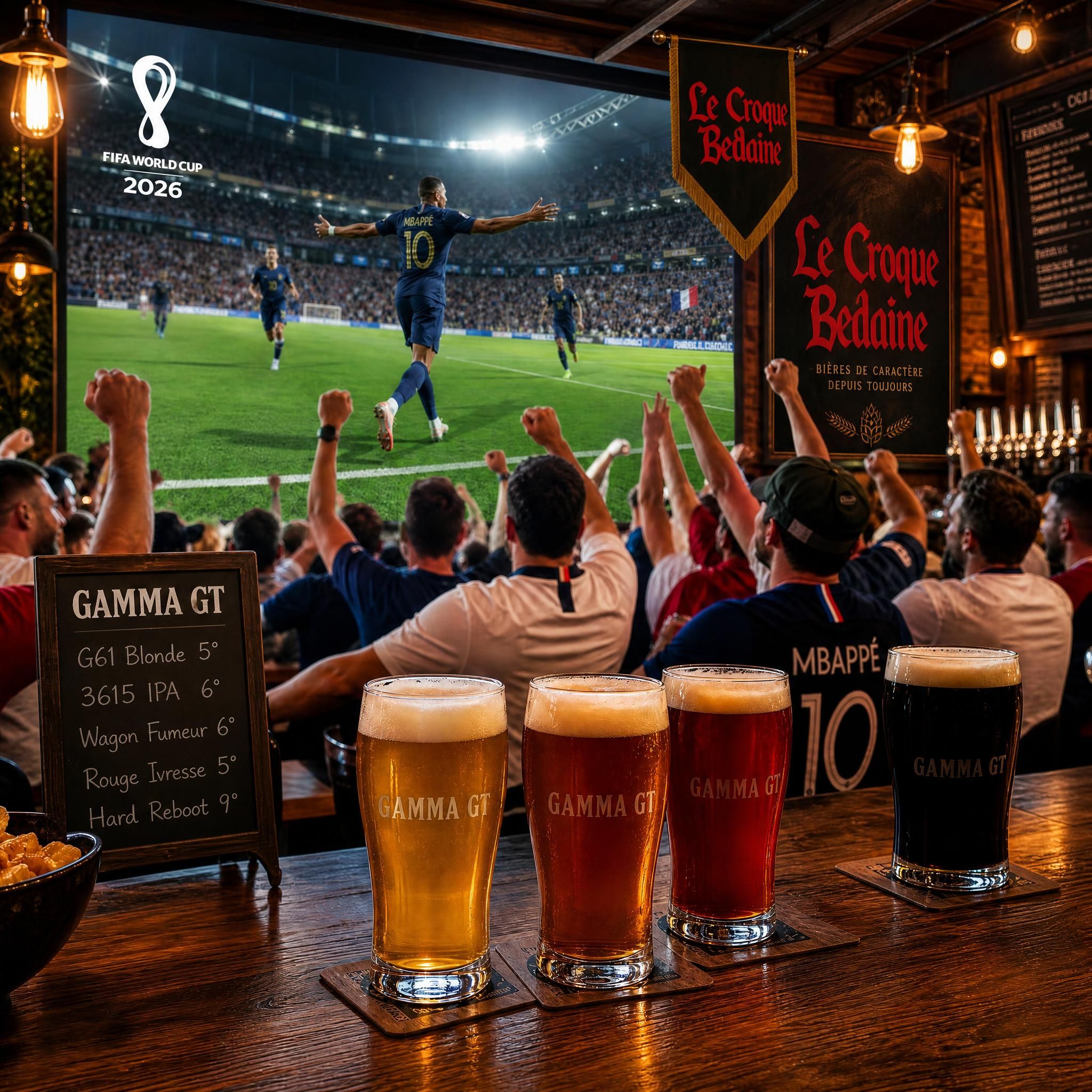 Ambiance bar à bières avec écran géant diffusant un match de foot Coupe du Monde 2026, pintes de bières artisanales sur le comptoir, supporters en liesse