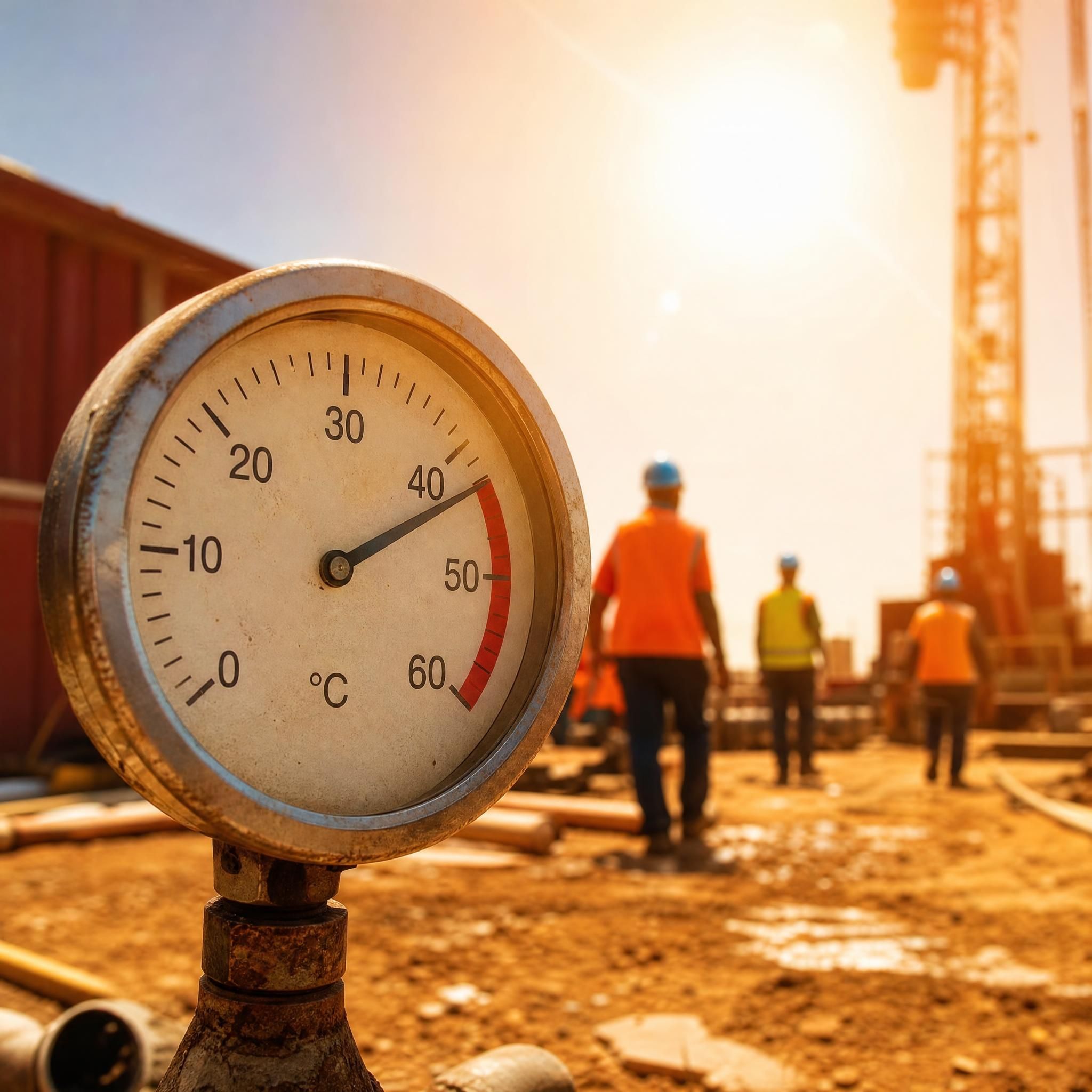 Travailleur BTP en chantier extérieur sous forte chaleur estivale, casque de sécurité, soleil intense — obligations employeur canicule 2025
