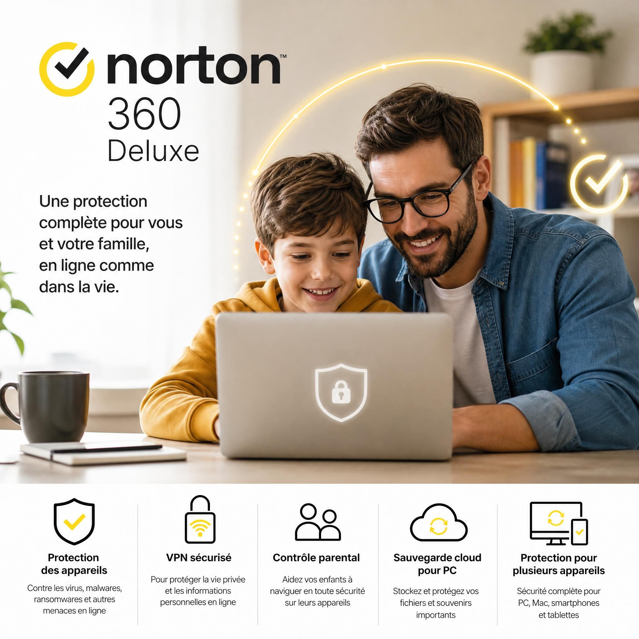 Parent et enfant devant un ordinateur, illustrant la protection familiale en ligne avec Norton 360 Deluxe