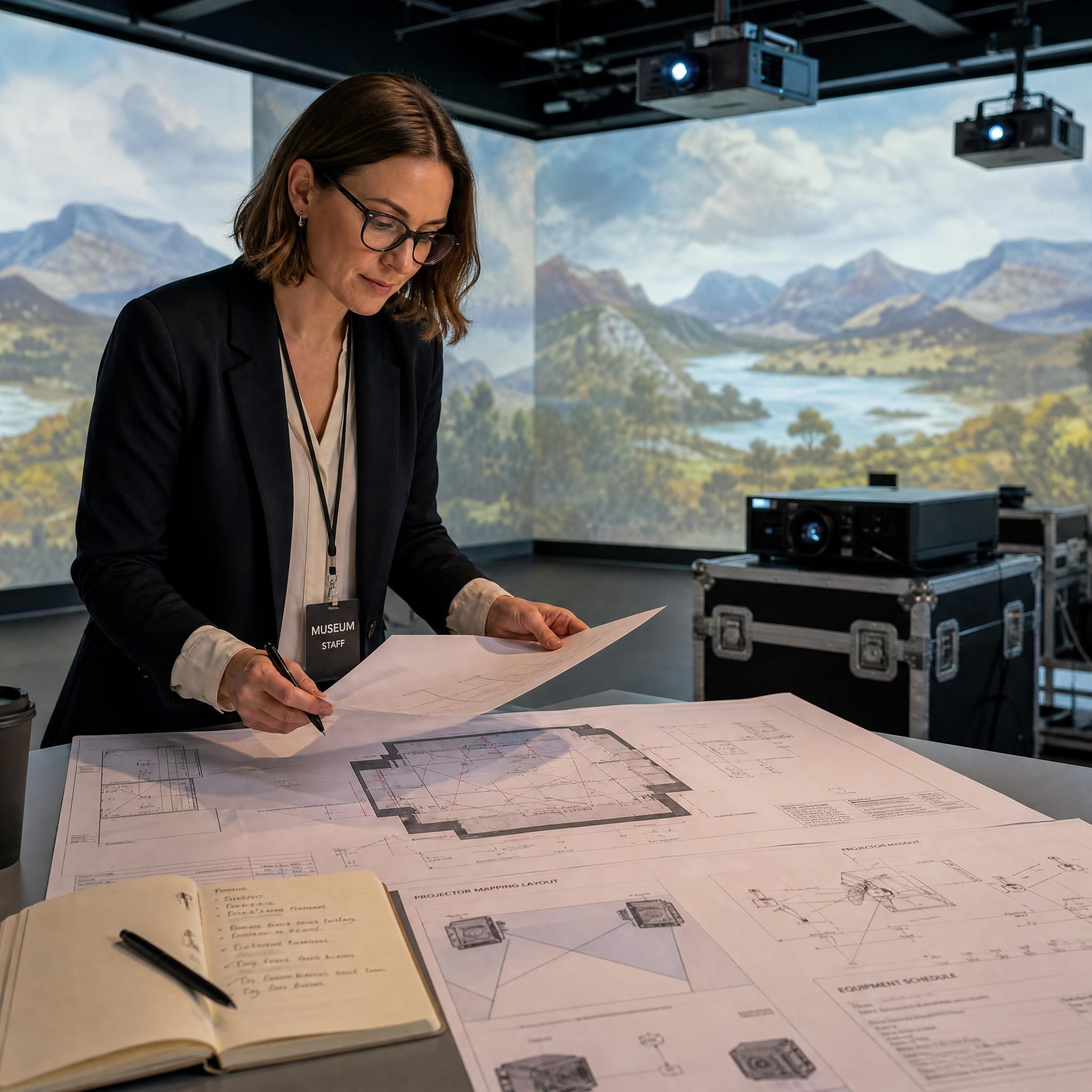 Museum professional reviewing technical blueprints for an immersive room installation with projection mapping equipment in the background