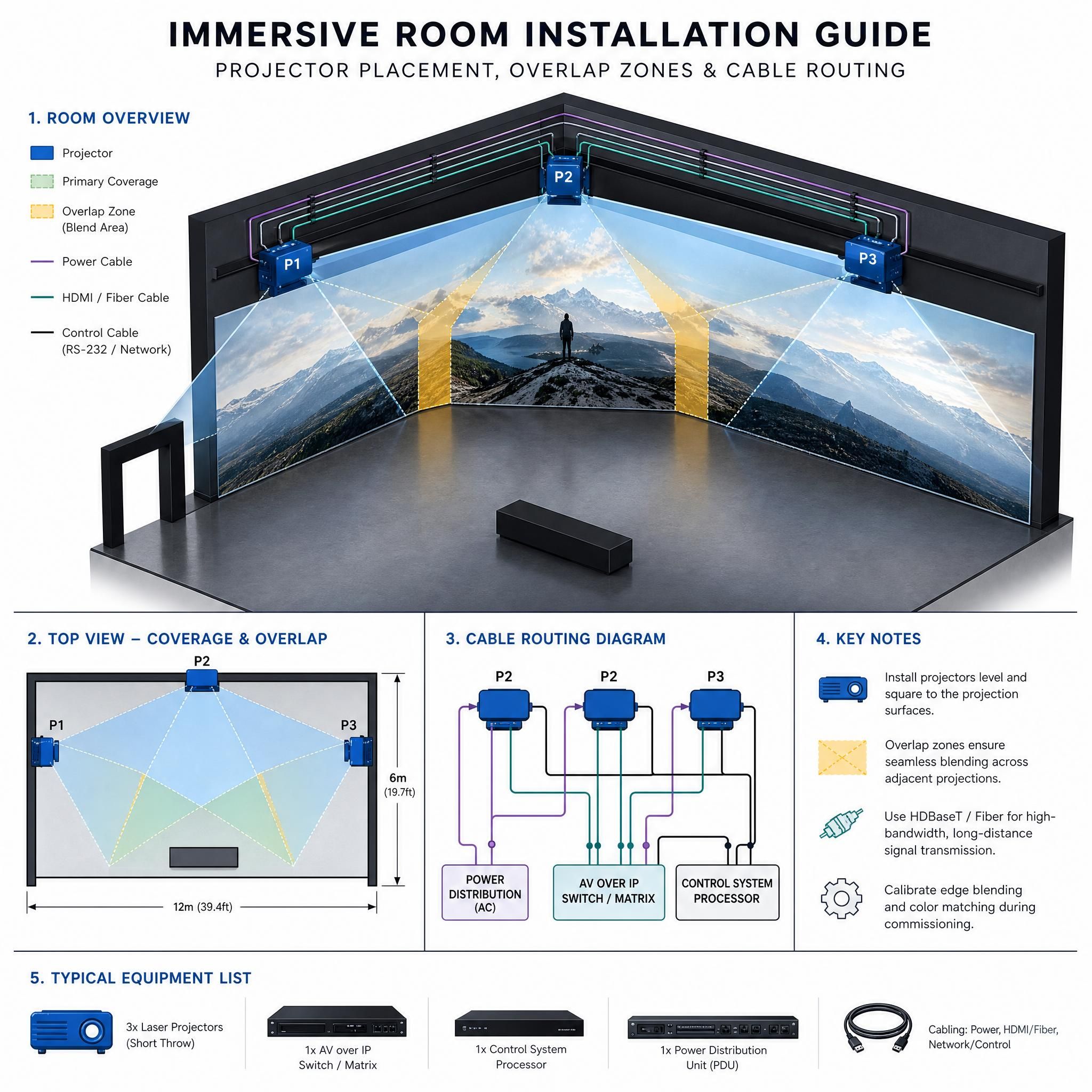 Technical diagram showing projector placement, overlap zones, and cable routing for an immersive room installation in a museum gallery