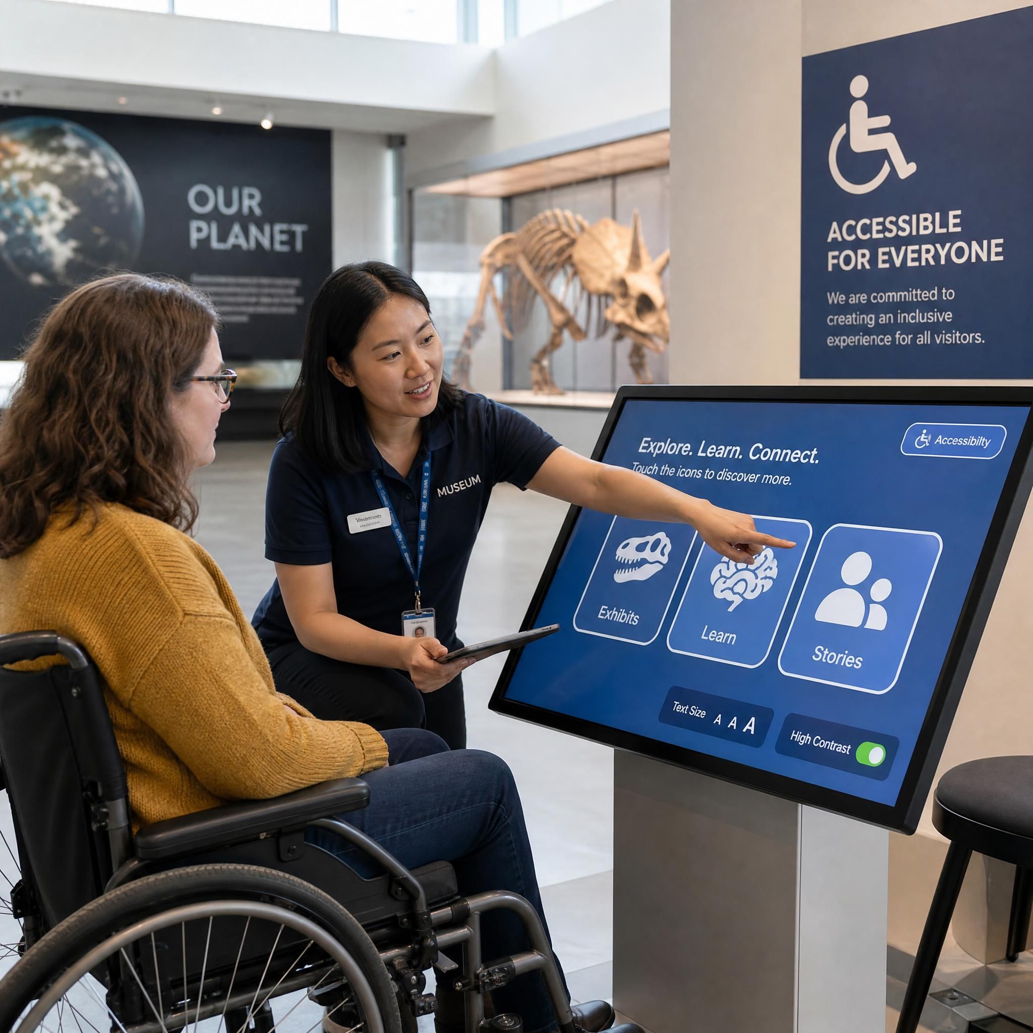 Museum staff member conducting accessibility testing on an interactive touchscreen exhibit with a visitor in a wheelchair