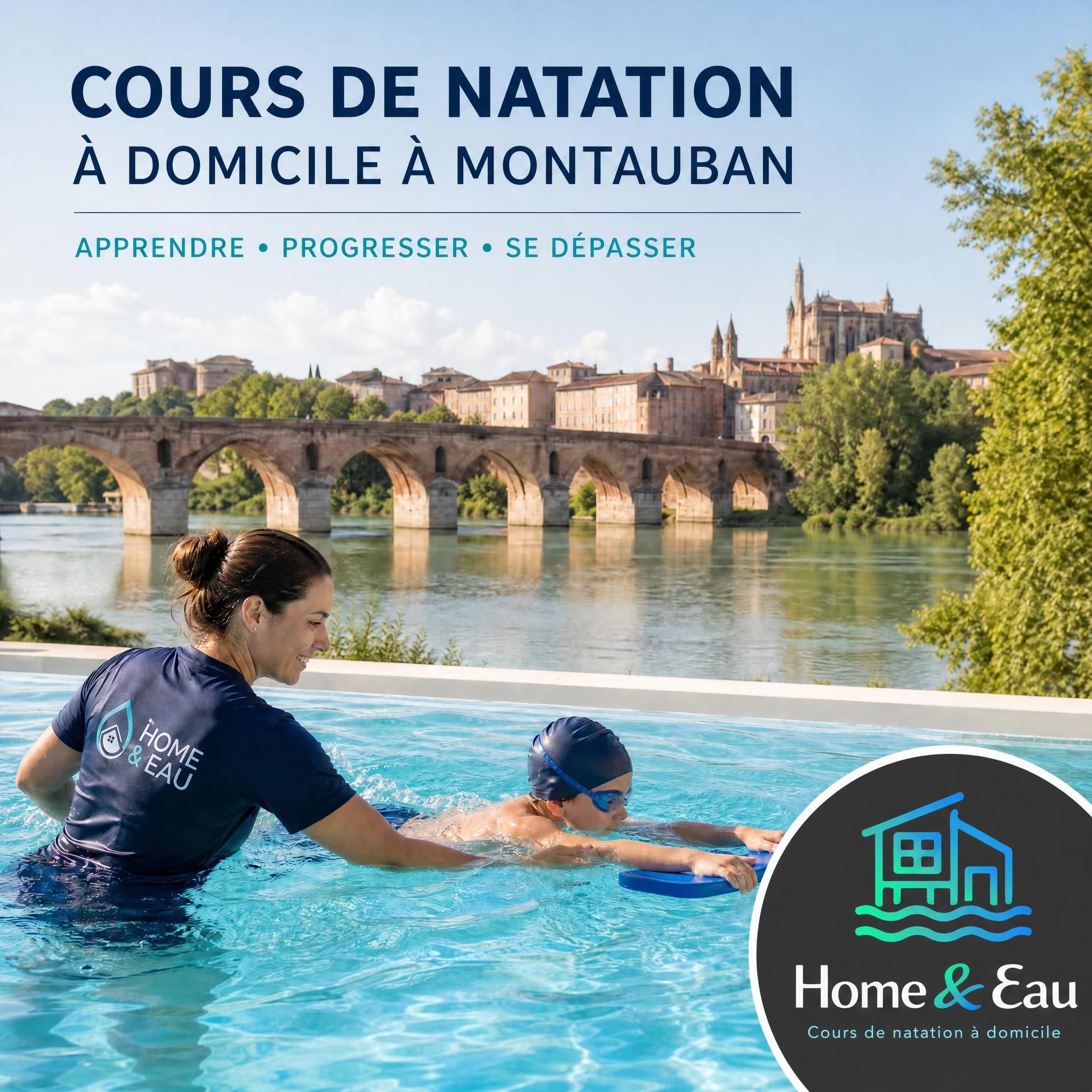 cours de natation à domicile à Montauban — Home & Eau, vue sur le Pont-Vieux et la Garonne avec logo Home & Eau incrusté en bas à droite