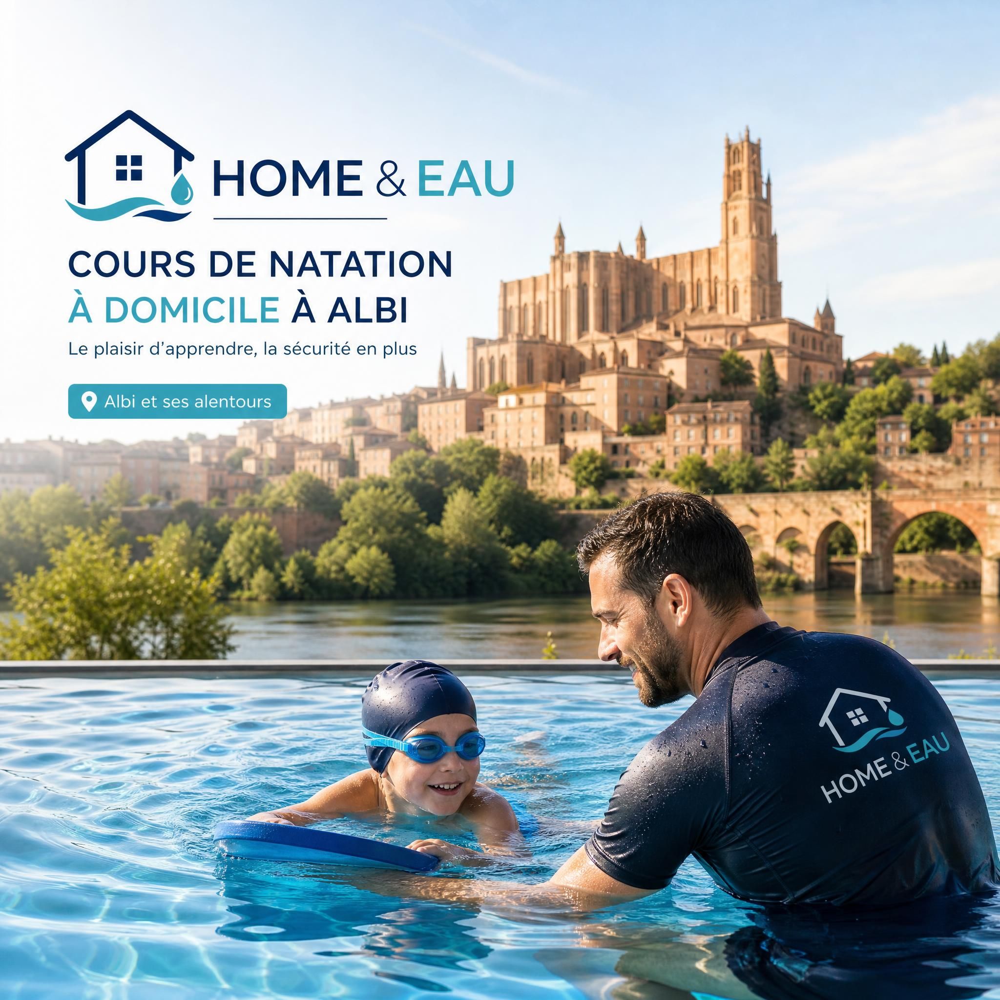 Cours de natation à domicile à Albi avec Home & Eau — cathédrale Sainte-Cécile et bords du Tarn en arrière-plan, logo Home & Eau en overlay