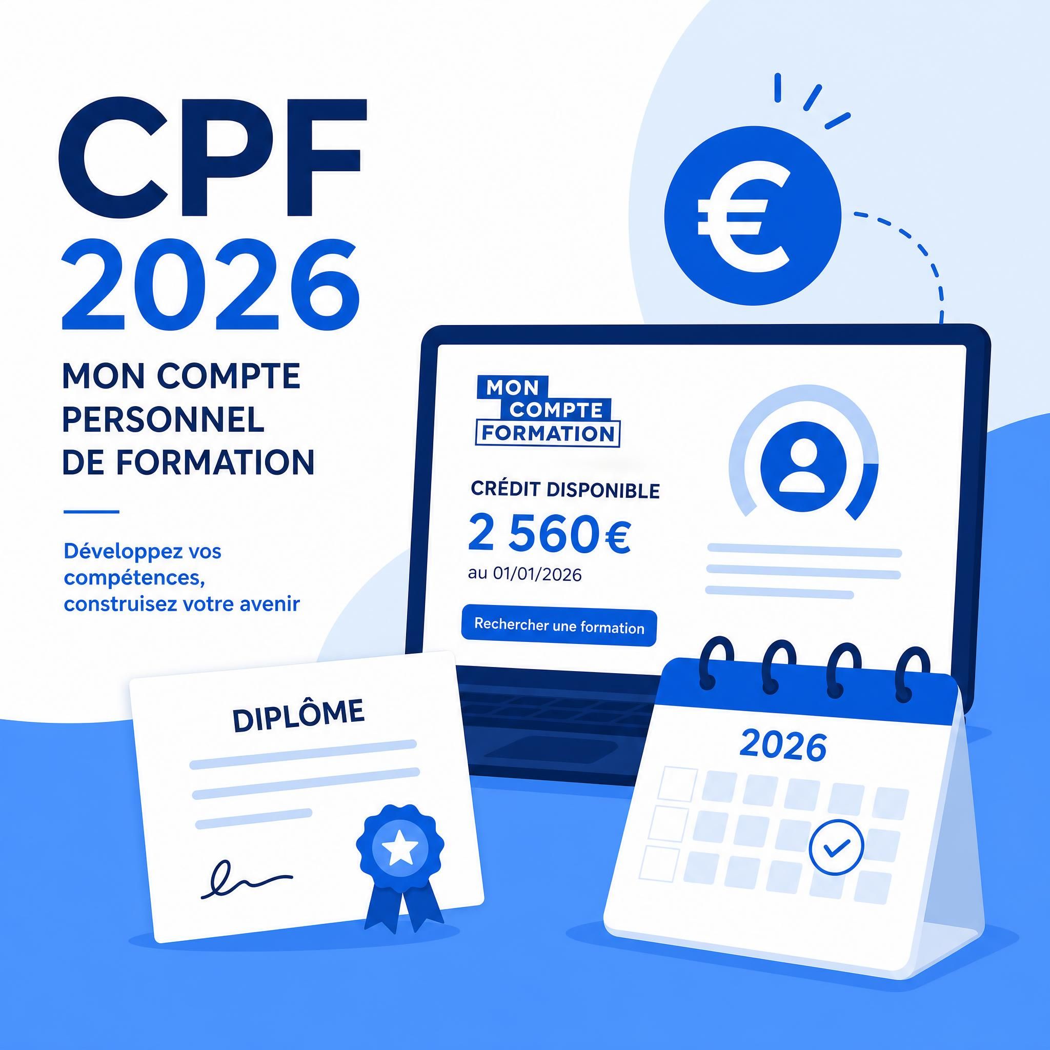 Illustration flat design vectorielle représentant un compte personnel de formation CPF 2026 avec des icônes d'euro, de diplôme et de calendrier sur fond bleu et blanc