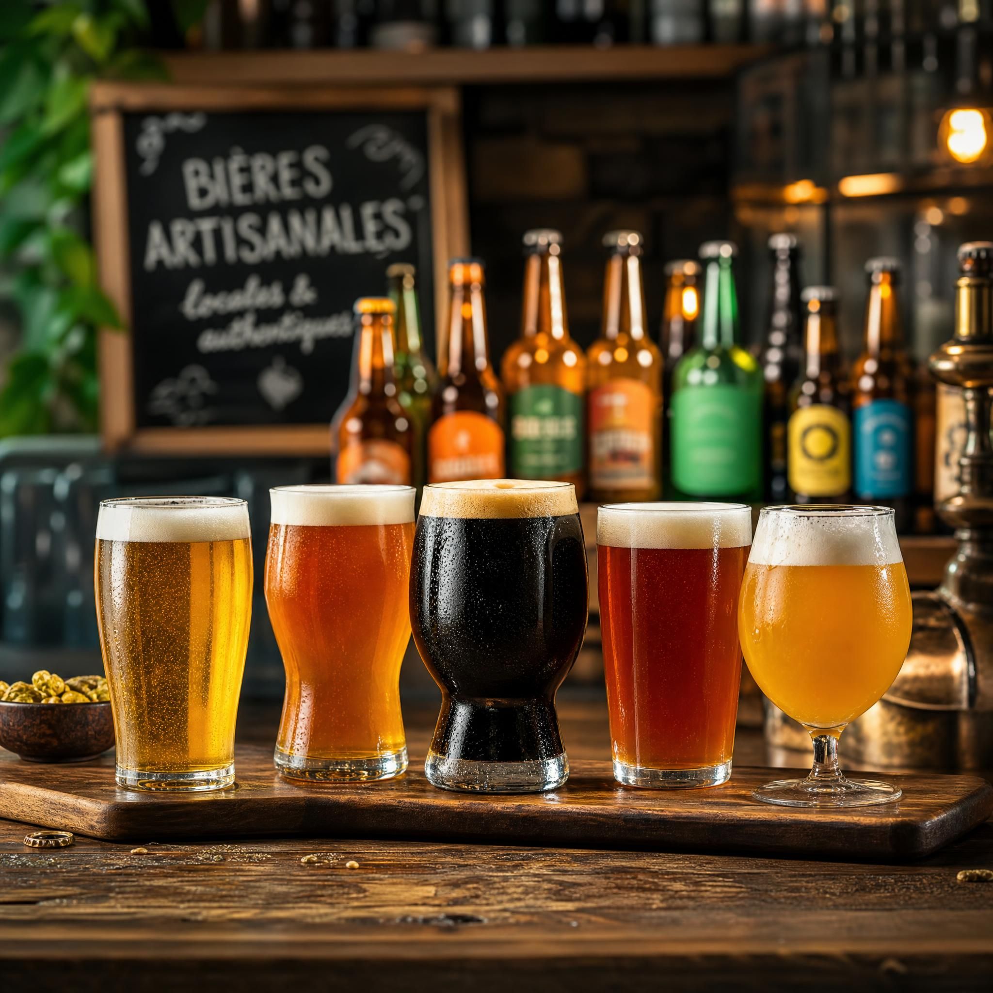 Verres de bières artisanales sur un comptoir de bar vintage avec des bouteilles colorées en arrière-plan
