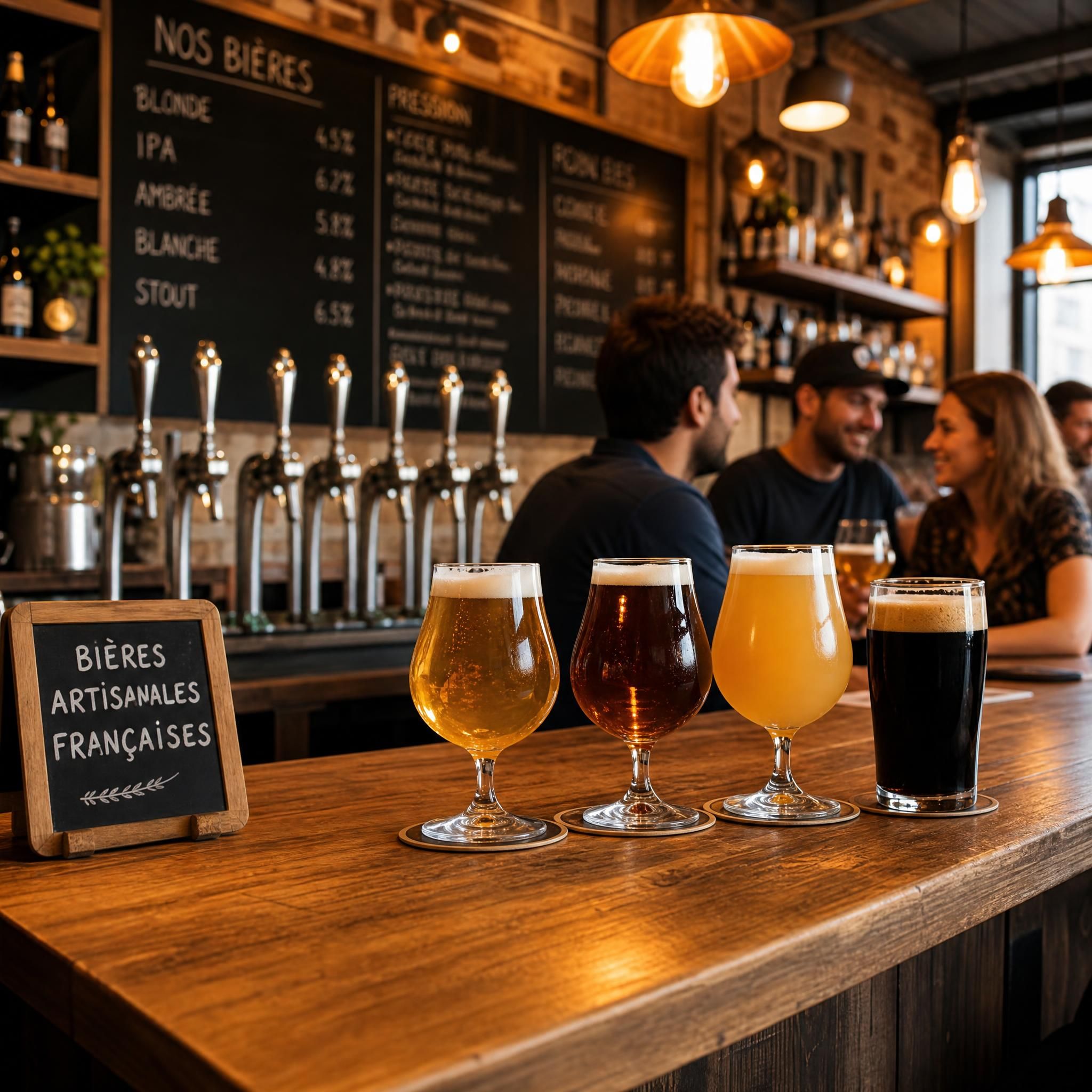 Ambiance conviviale dans un bar à bières artisanales français, verres de bière pression sur comptoir en bois, lumières chaudes vintage