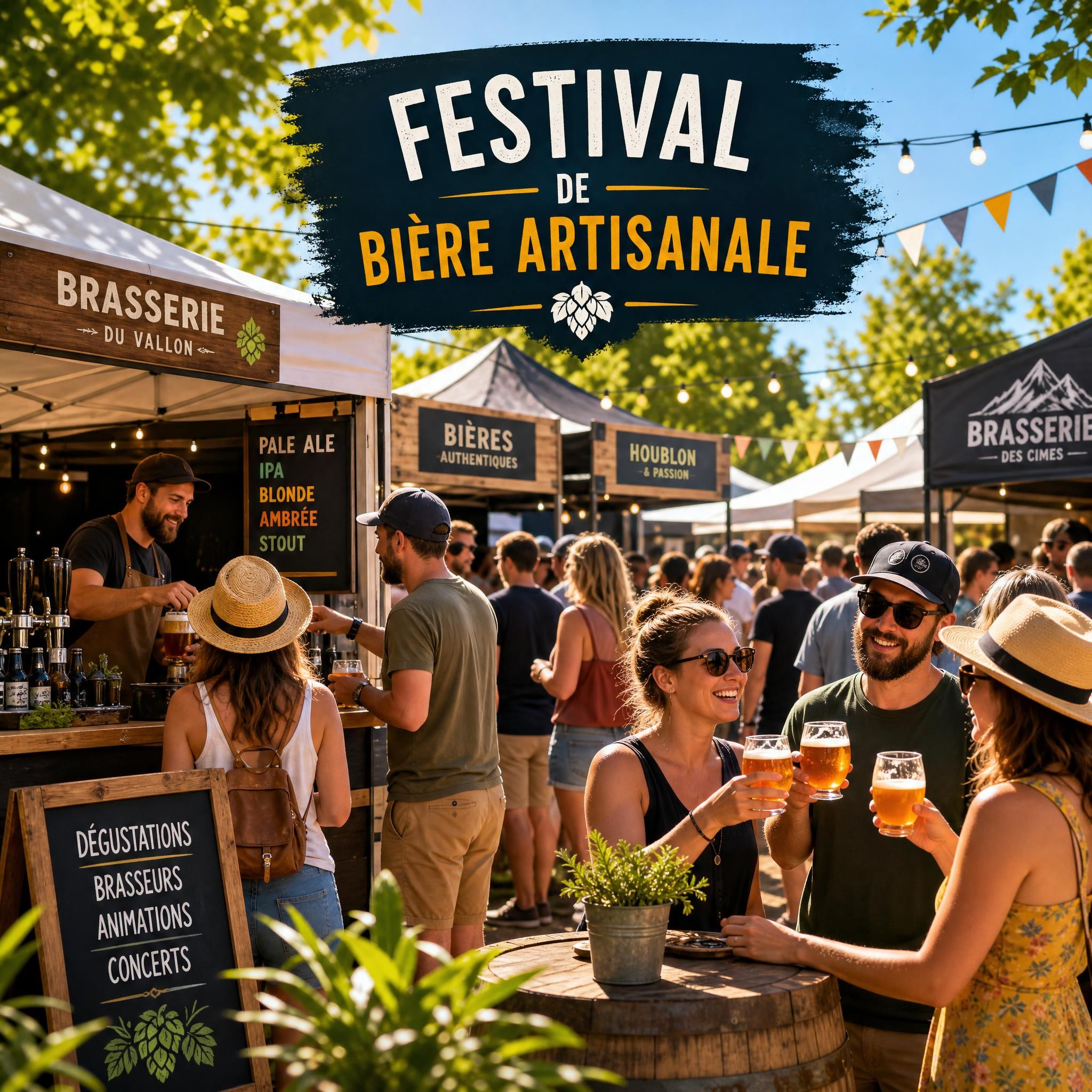 Festival de bière artisanale en plein air, brasseurs et visiteurs autour de stands, ambiance festive et estivale