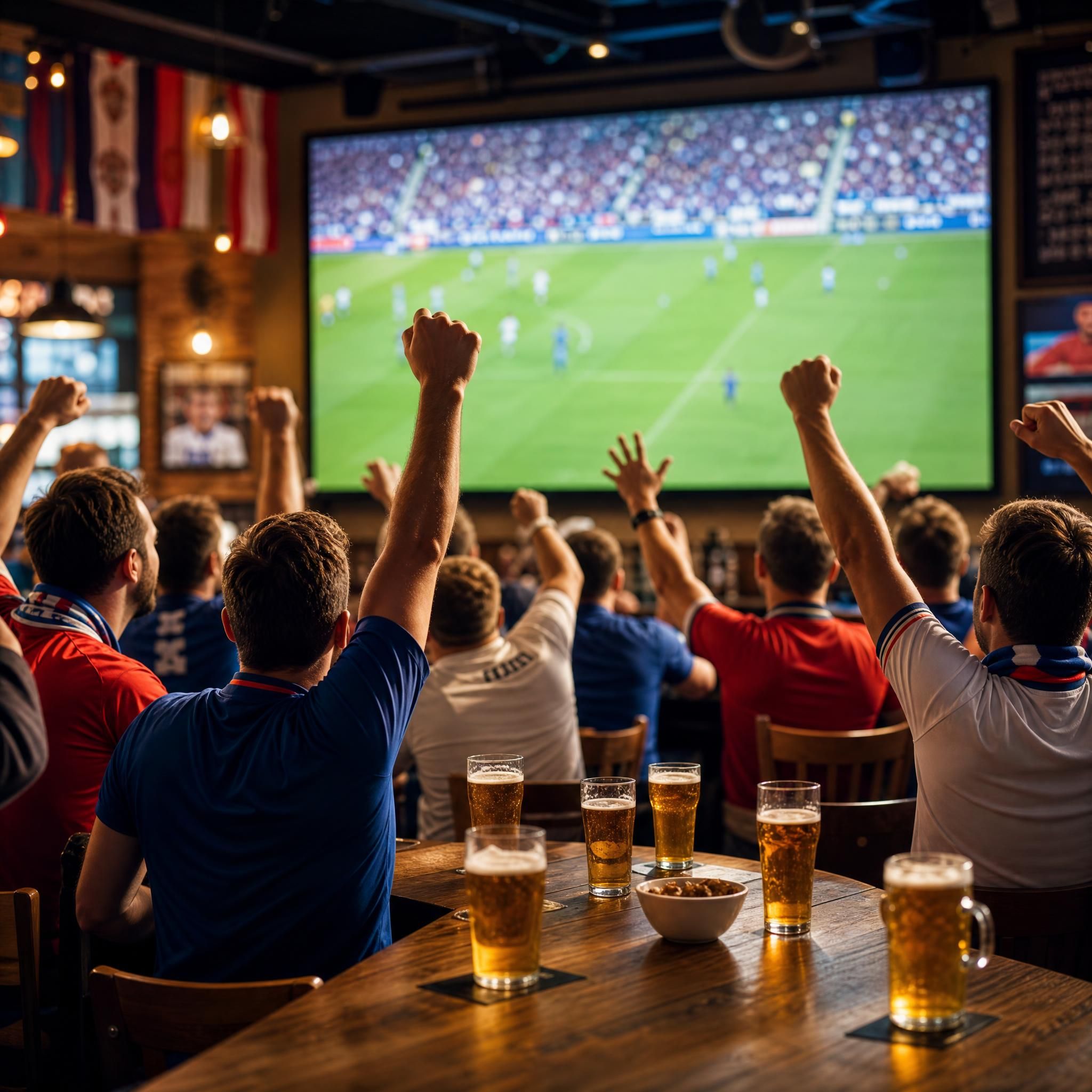 Supporters regardant un match de foot dans un bar à bières convivial, écran géant, pintes de bière dorée sur les tables, atmosphère festive