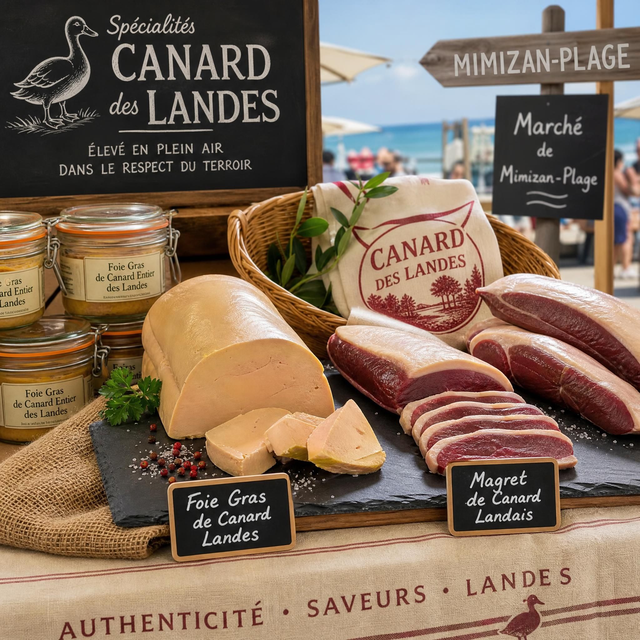 Foie gras et magret de canard landais sur un étal du marché de Mimizan-Plage — spécialités canard Landes