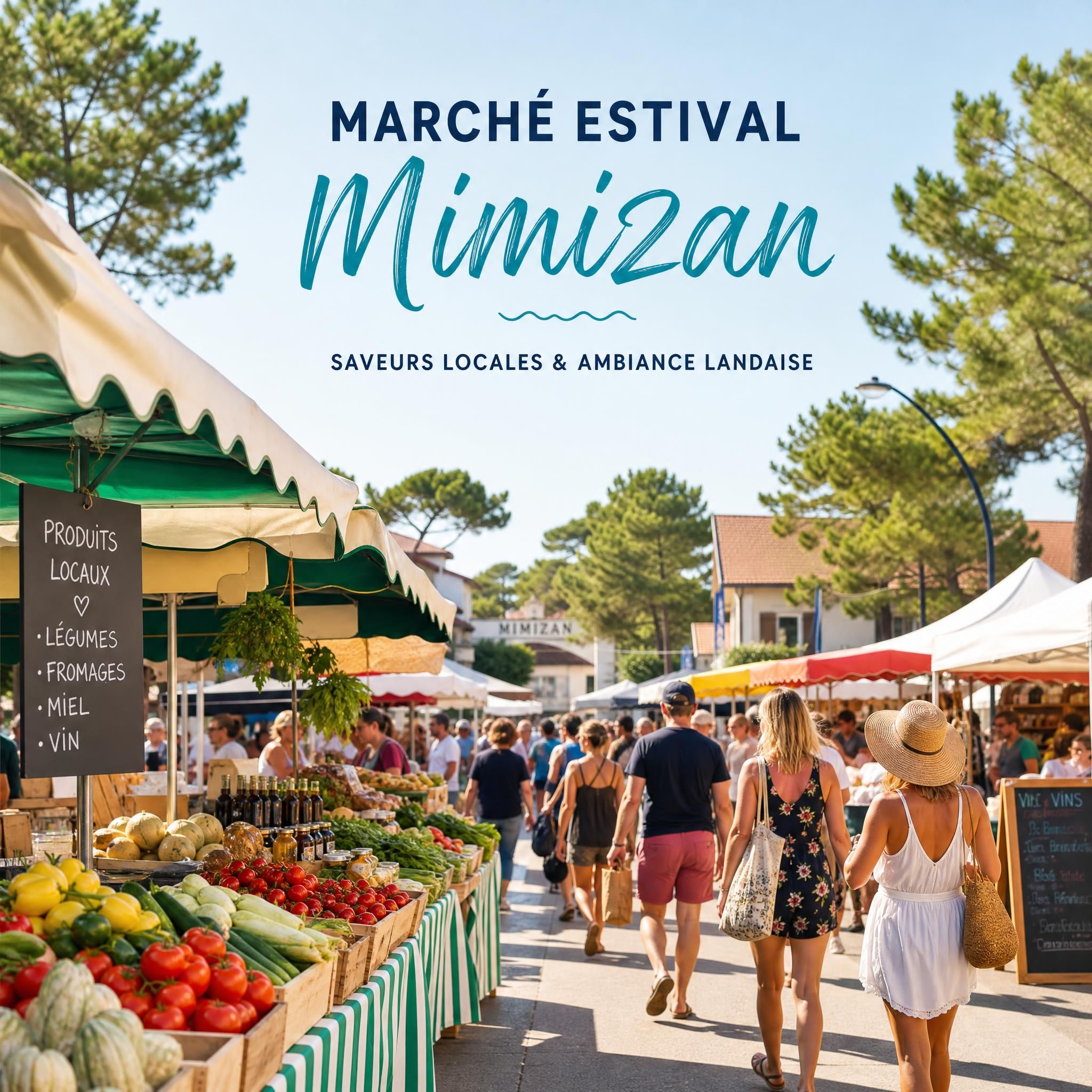 Ambiance estivale au marché de Mimizan-Plage en été — producteurs locaux et étals colorés dans les Landes