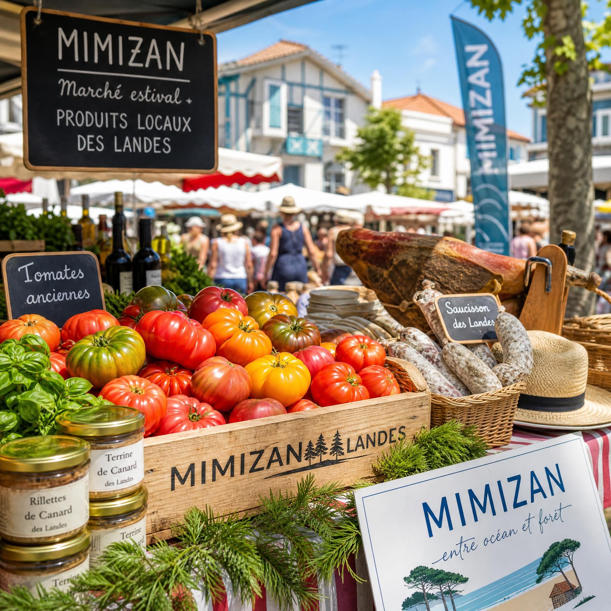Étal de marché en été à Mimizan avec tomates anciennes et spécialités landaises — marché estival Mimizan produits locaux Landes 2026