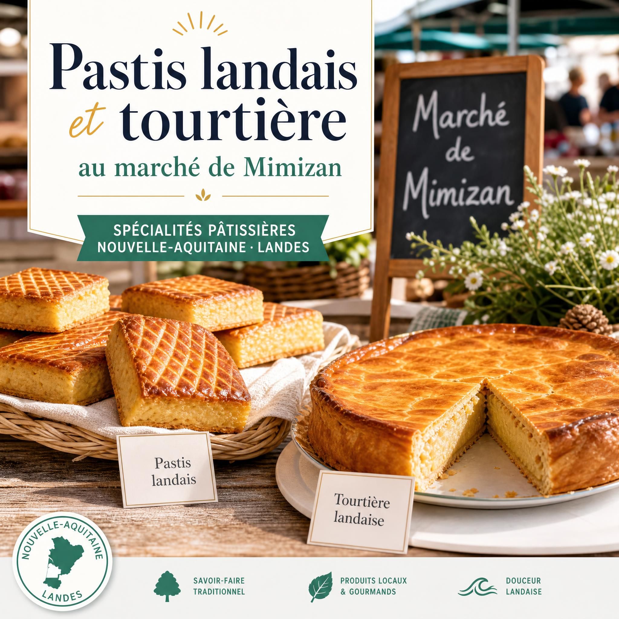 Pastis landais et tourtière au marché de Mimizan — spécialités pâtisseries Nouvelle-Aquitaine Landes