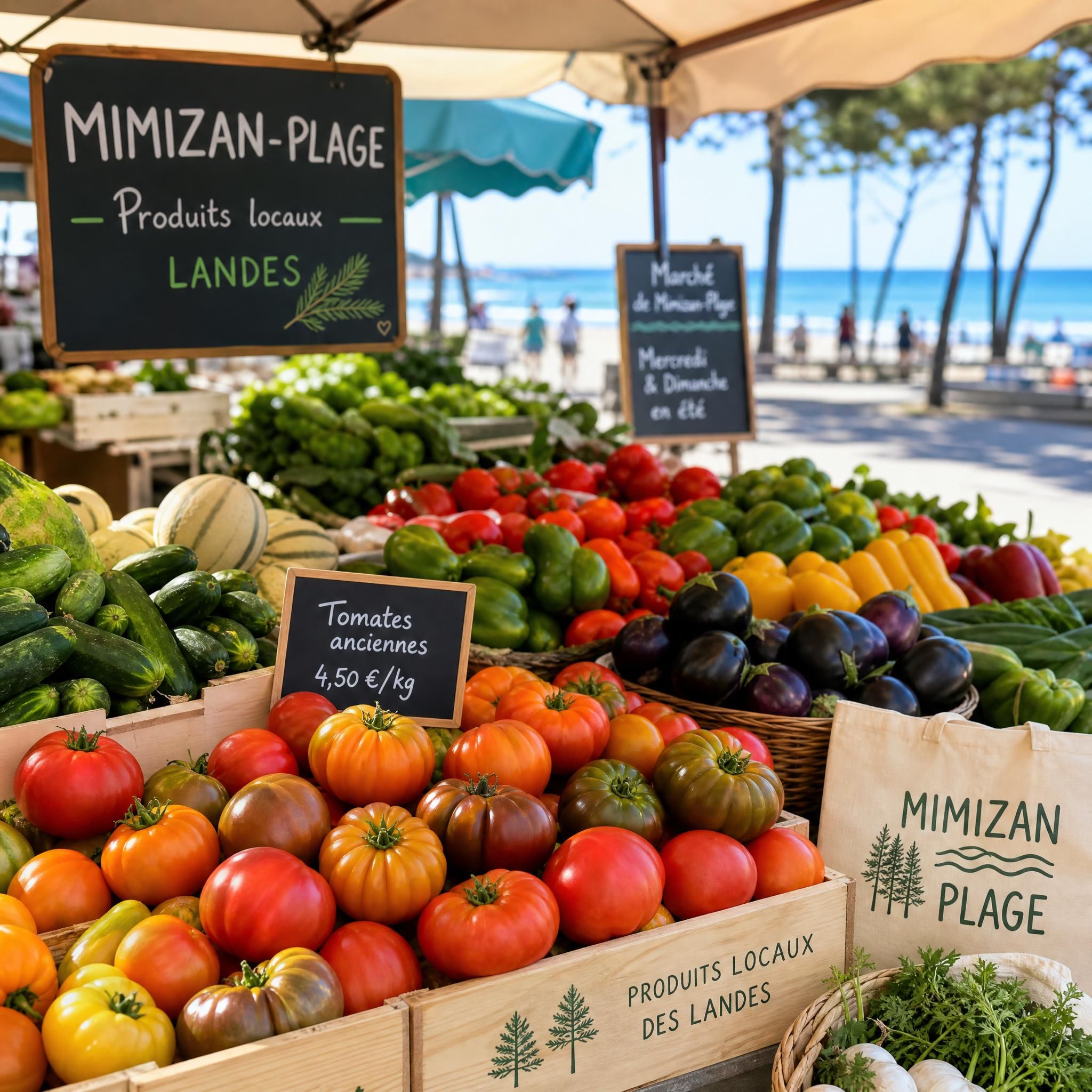Étal coloré de légumes et tomates anciennes au marché de Mimizan-Plage en été — produits locaux Landes juillet août