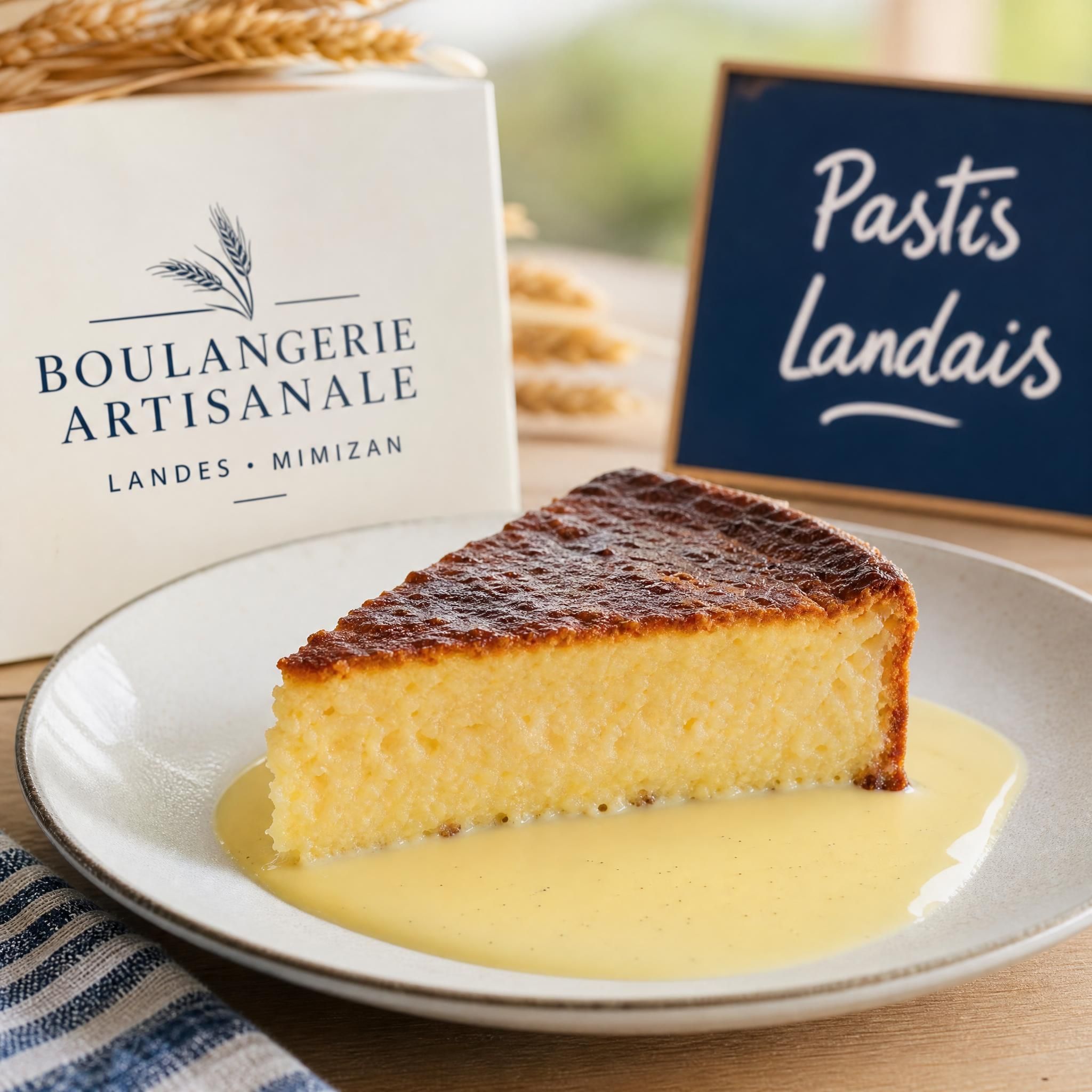 Tranche de pastis landais posée sur une assiette avec crème anglaise, boulangerie artisanale Landes Mimizan