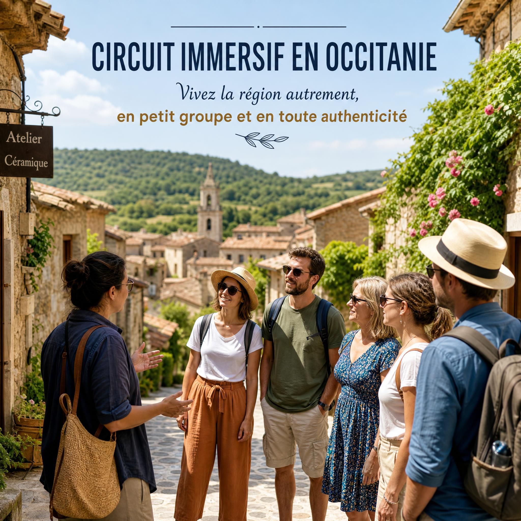 Slow tourisme & voyage immersif : et si 2026 était l'année de voyager autrement ? 2 Guide local et voyageurs en petit groupe explorant un village authentique lors d'un circuit immersif accompagné en Occitanie