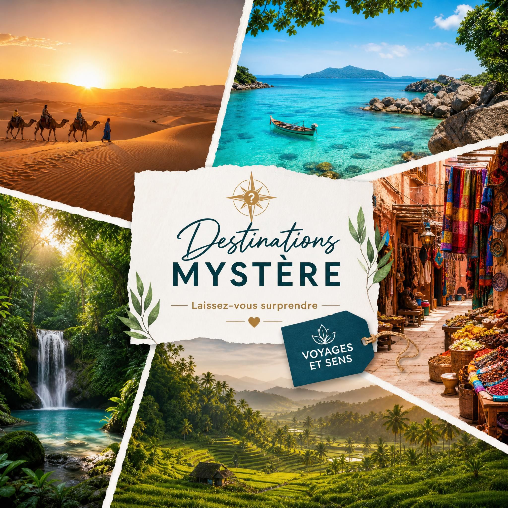 Et si vous partiez sans savoir où ? le voyage mystère selon voyages et sens 2 Paysages de destinations mystère variées - désert, mer turquoise, marché coloré, forêt luxuriante - collage voyage surprise agence Voyages et Sens