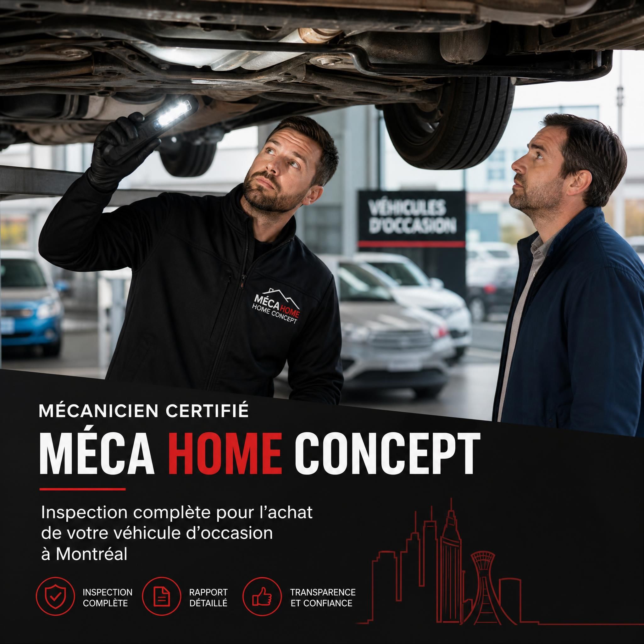 Mécanicien certifié Méca Home Concept inspectant le dessous d'un véhicule d'occasion chez un vendeur à Montréal