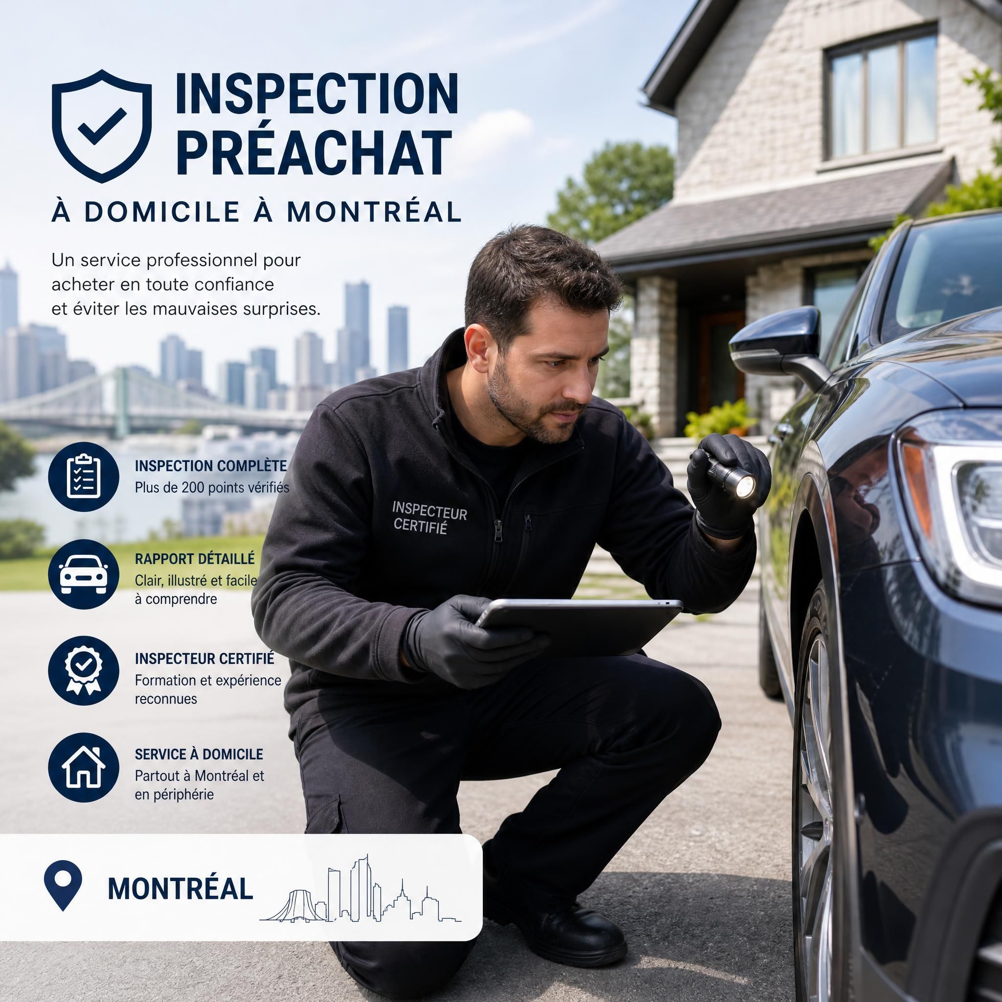 Inspecteur automobile certifié effectuant une inspection préachat d'un véhicule d'occasion à domicile à Montréal