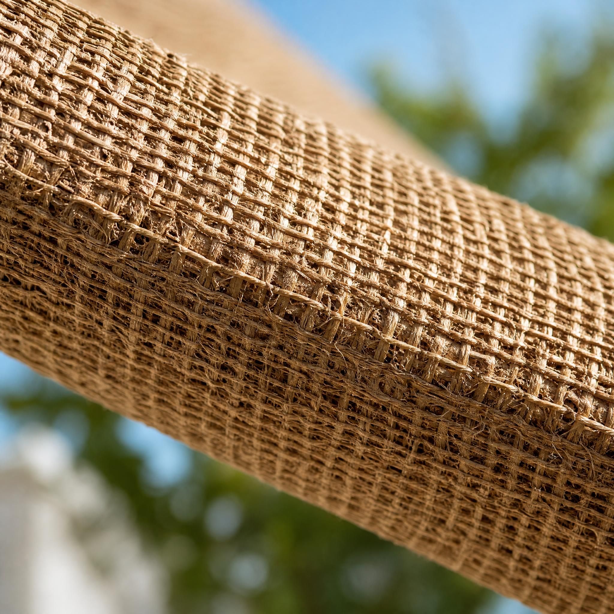 Gros plan sur la texture d'une voile d'ombrage en fibre de coco naturelle avec détail du tissage végétal