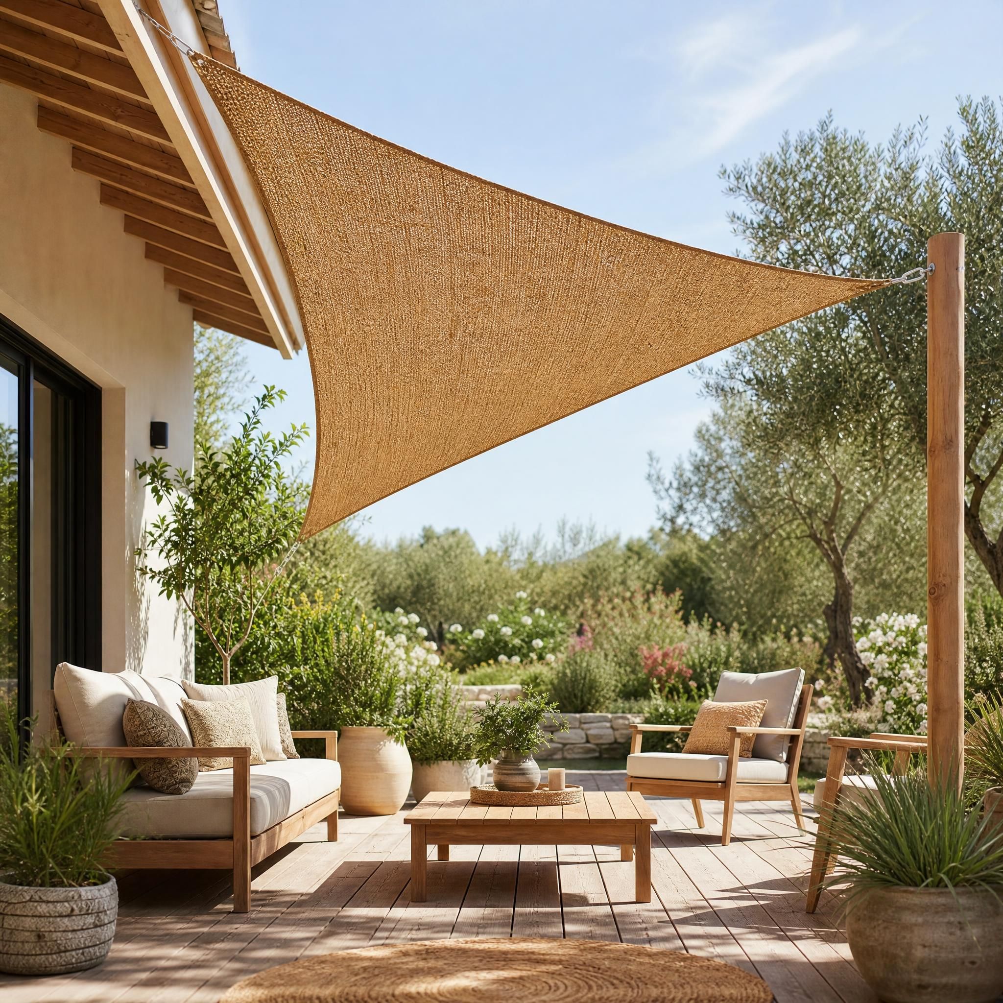 Voile d'ombrage triangulaire en fibre de coco naturelle installée sur une terrasse de jardin avec mobilier extérieur en bois