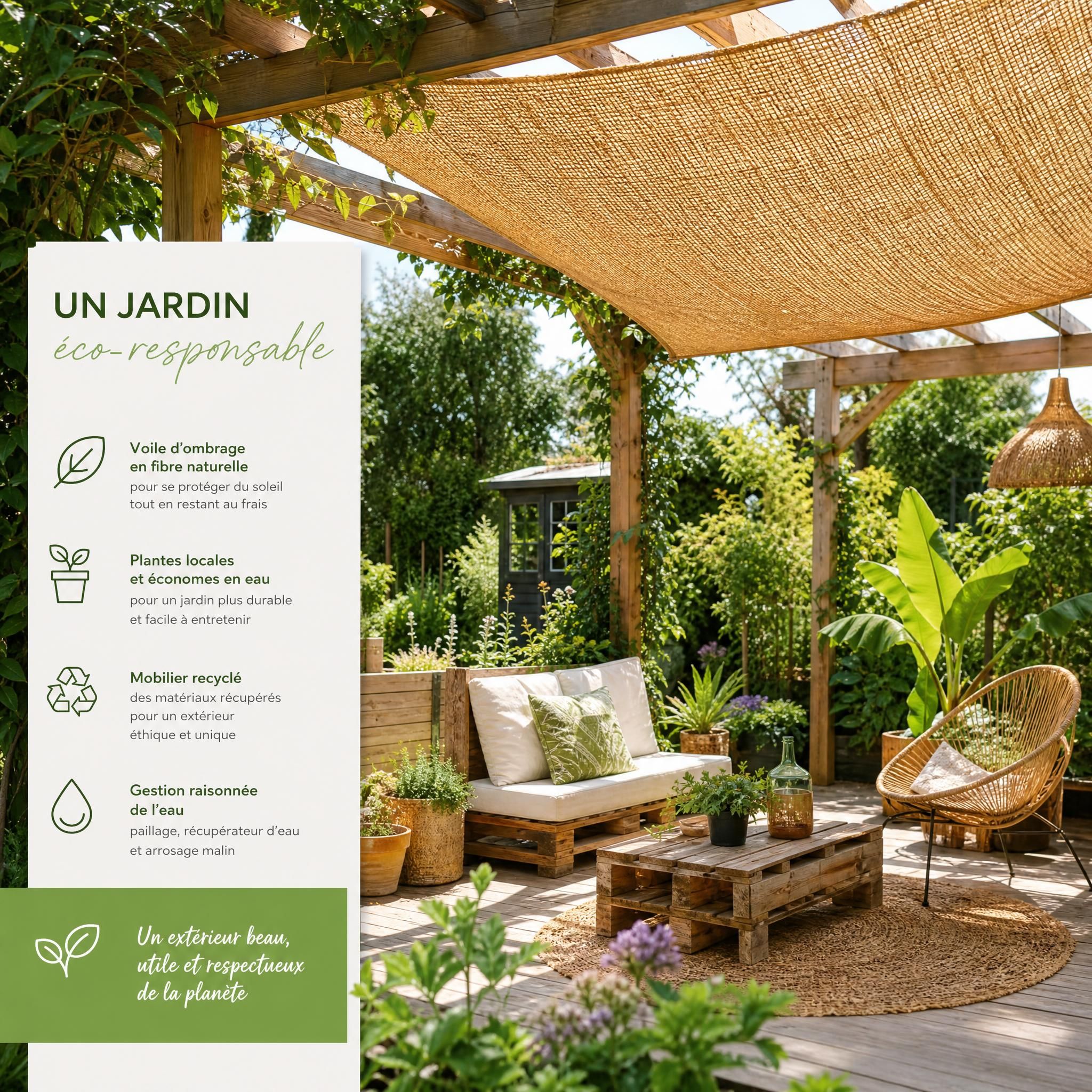Jardin éco-responsable avec voile d'ombrage en fibre naturelle, plantes vertes et mobilier recyclé sous une pergola en bois