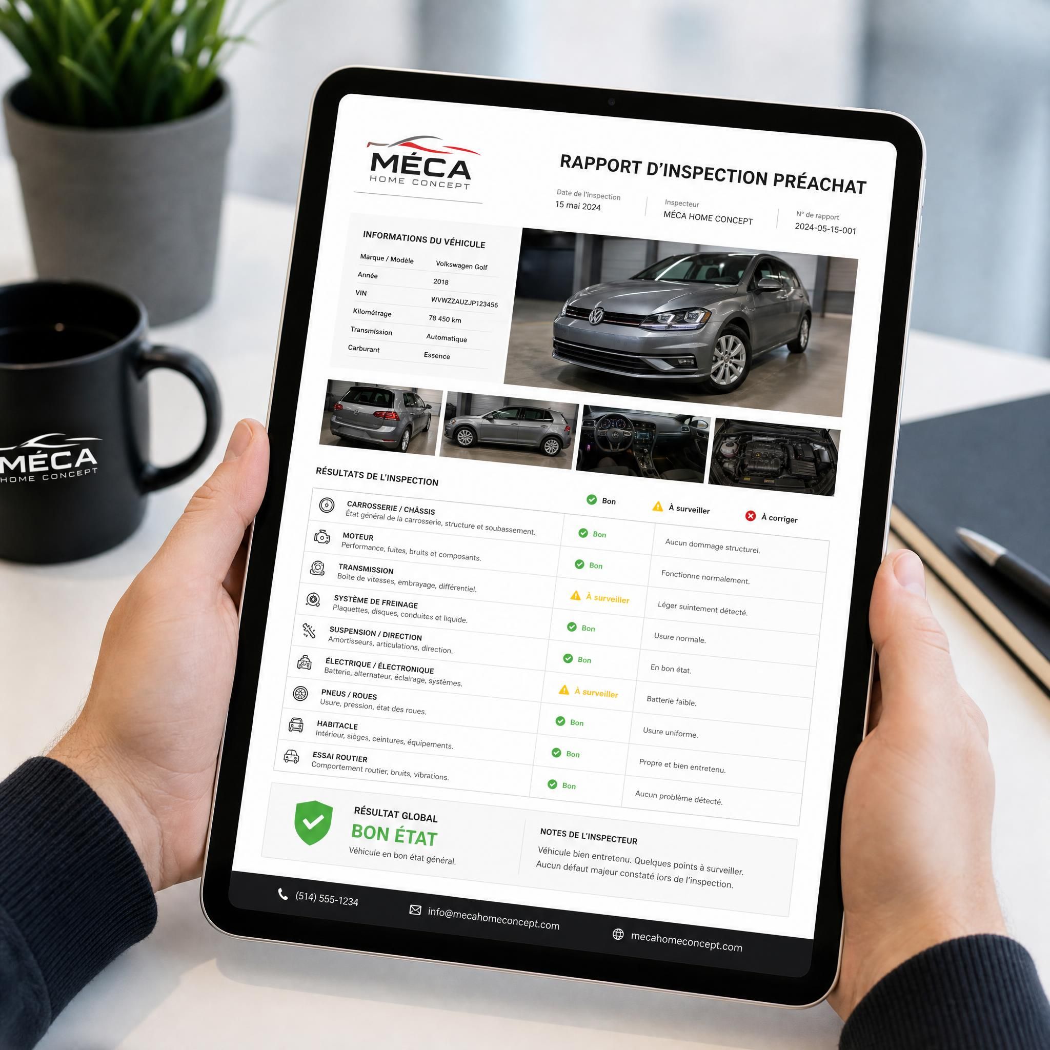 Rapport d'inspection préachat Méca Home Concept affiché sur tablette, avec photos du véhicule d'occasion et résultats détaillés point par point