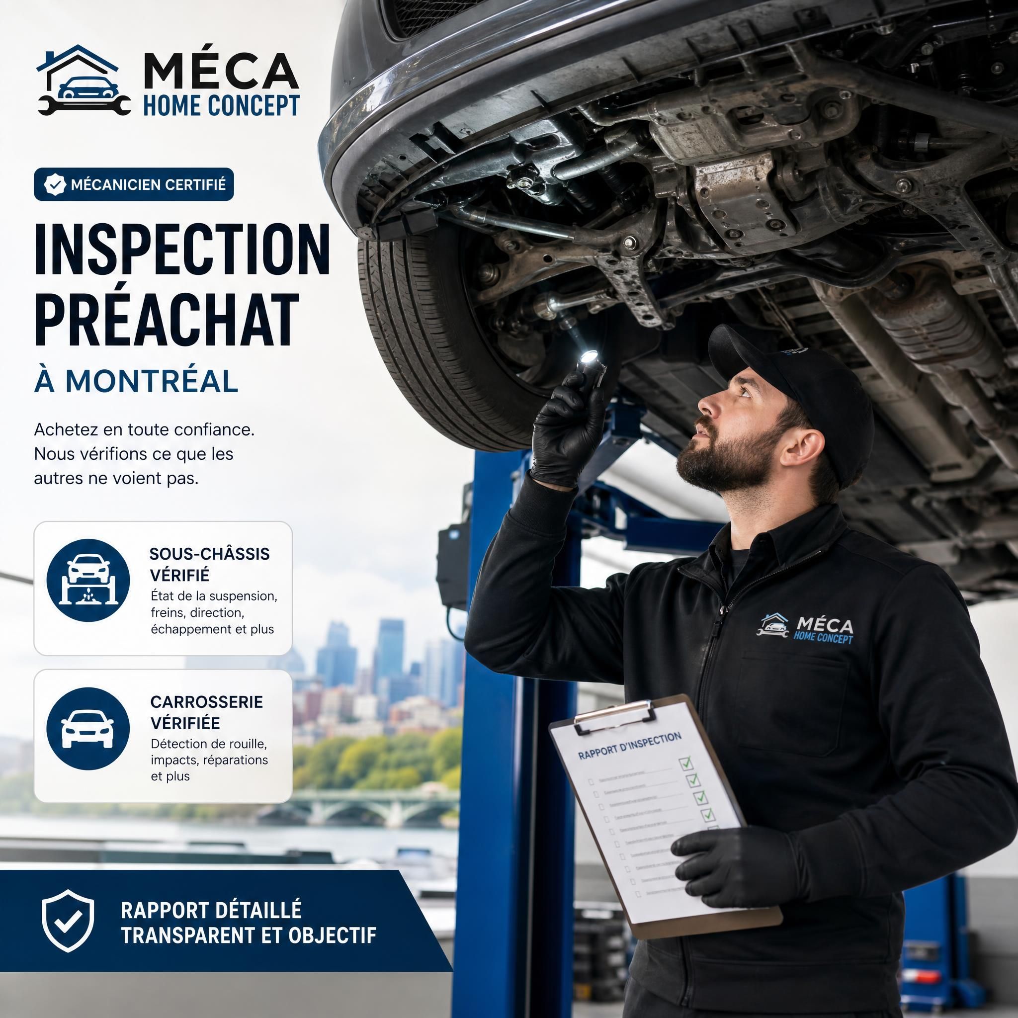 Mécanicien certifié Méca Home Concept effectuant une inspection préachat d'un véhicule d'occasion à Montréal, sous-châssis et carrosserie vérifiés
