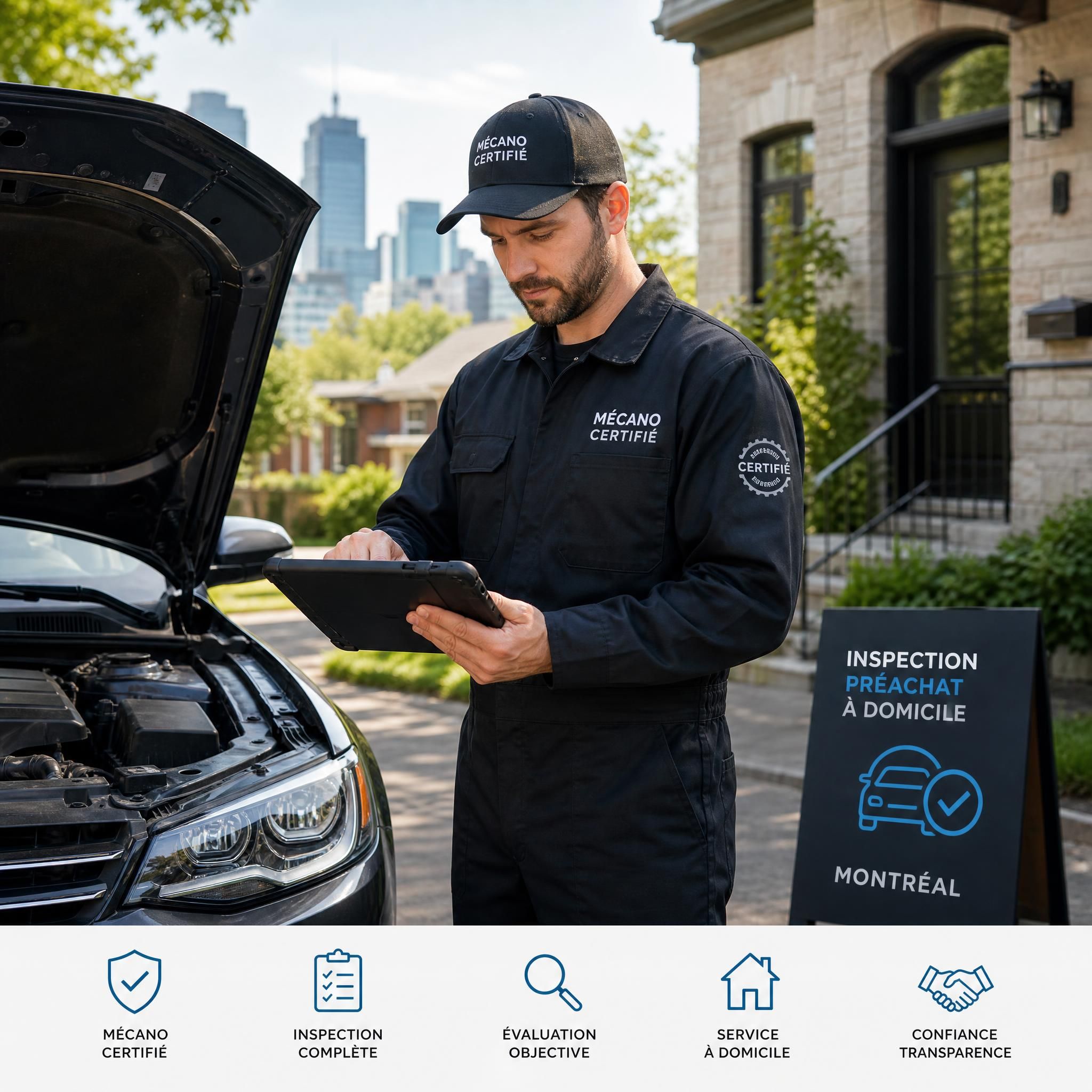 Mécano certifié effectuant une inspection préachat automobile à domicile à Montréal avec tablette numérique