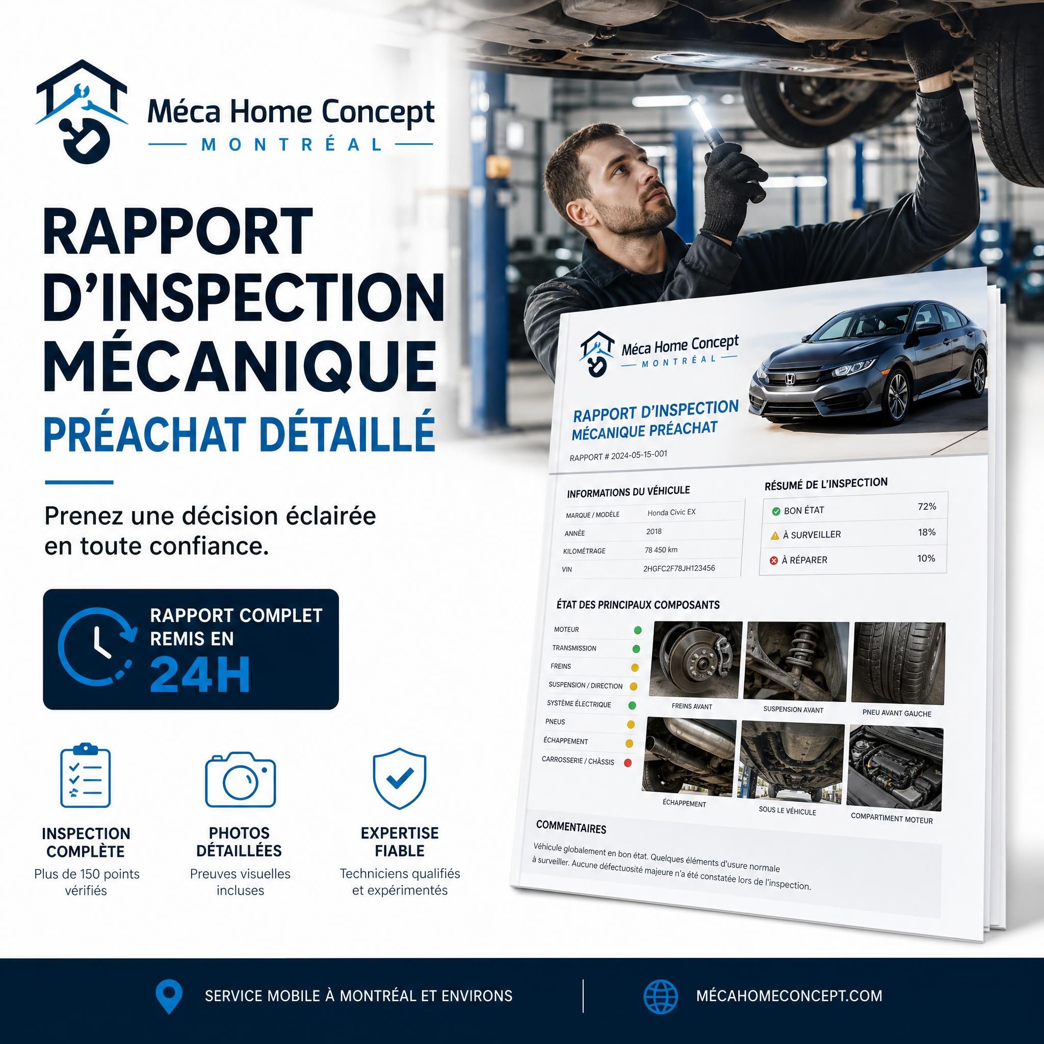 Rapport d'inspection mécanique préachat détaillé avec photos remis en 24h par Méca Home Concept Montréal