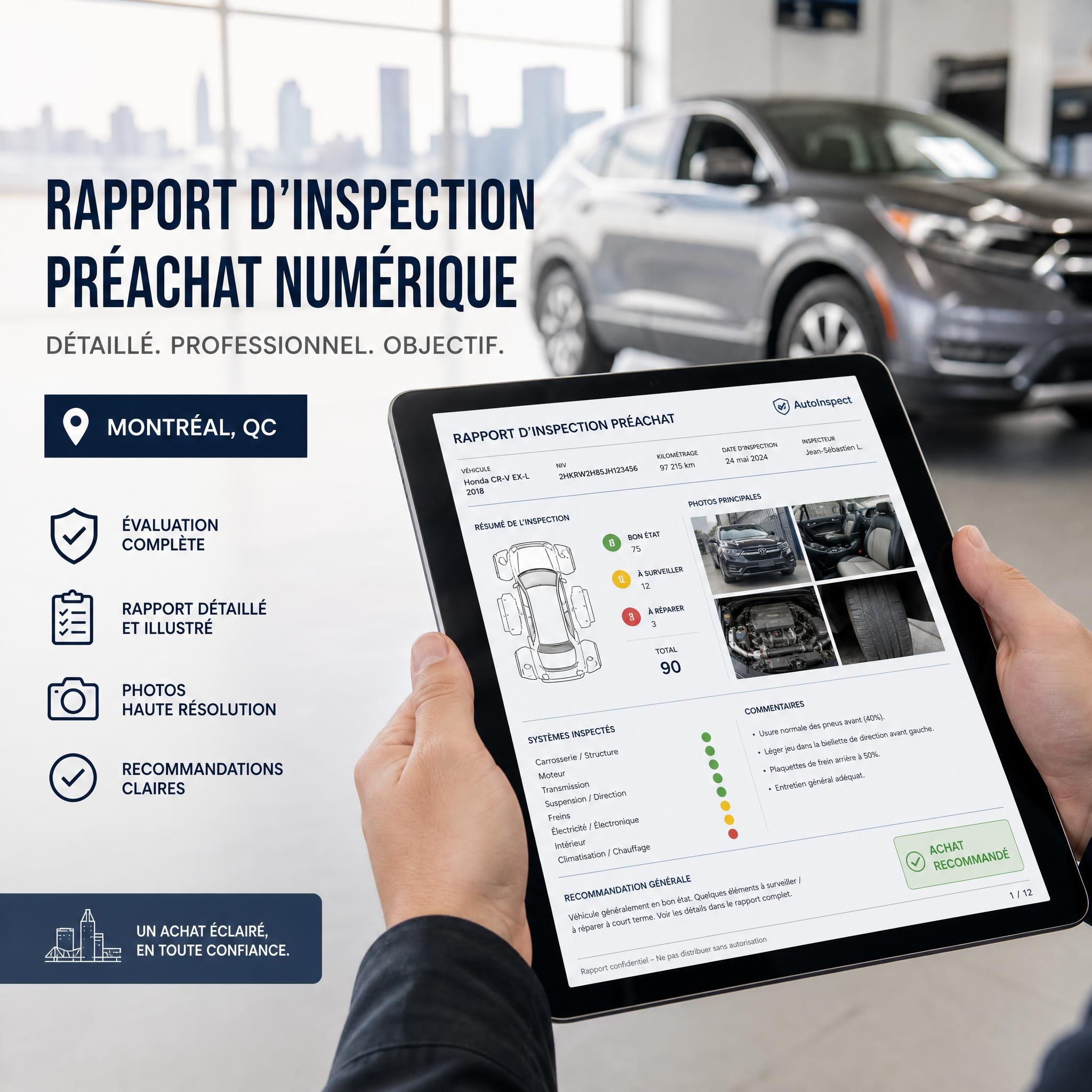 Rapport d'inspection préachat numérique détaillé sur tablette, véhicule d'occasion Montréal