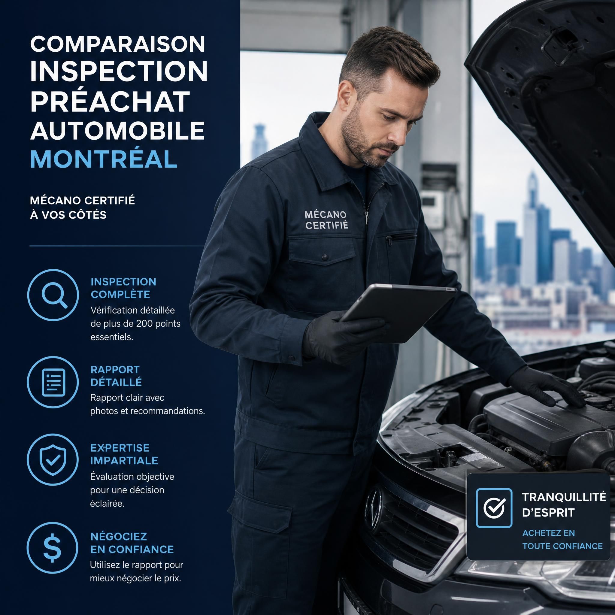 Comparaison inspection préachat automobile Montréal — mécano certifié inspectant un véhicule d'occasion avec tablette numérique